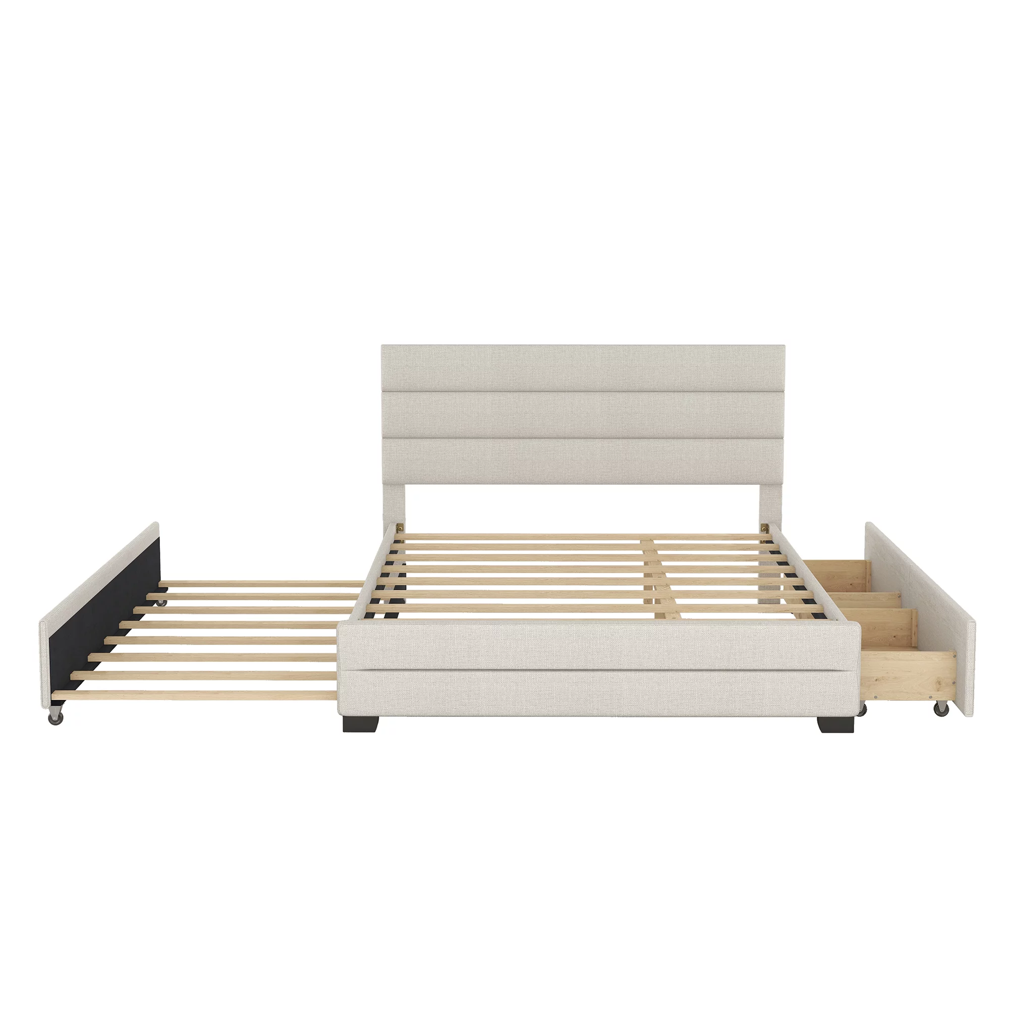 Royard Oaktree Queen Size Storage Bed Platform Bed Upholstered Queen Bed Frame with Headboard,2 Drawers and Trundle,Linen Fabric,No Box Spring Needed,Beige