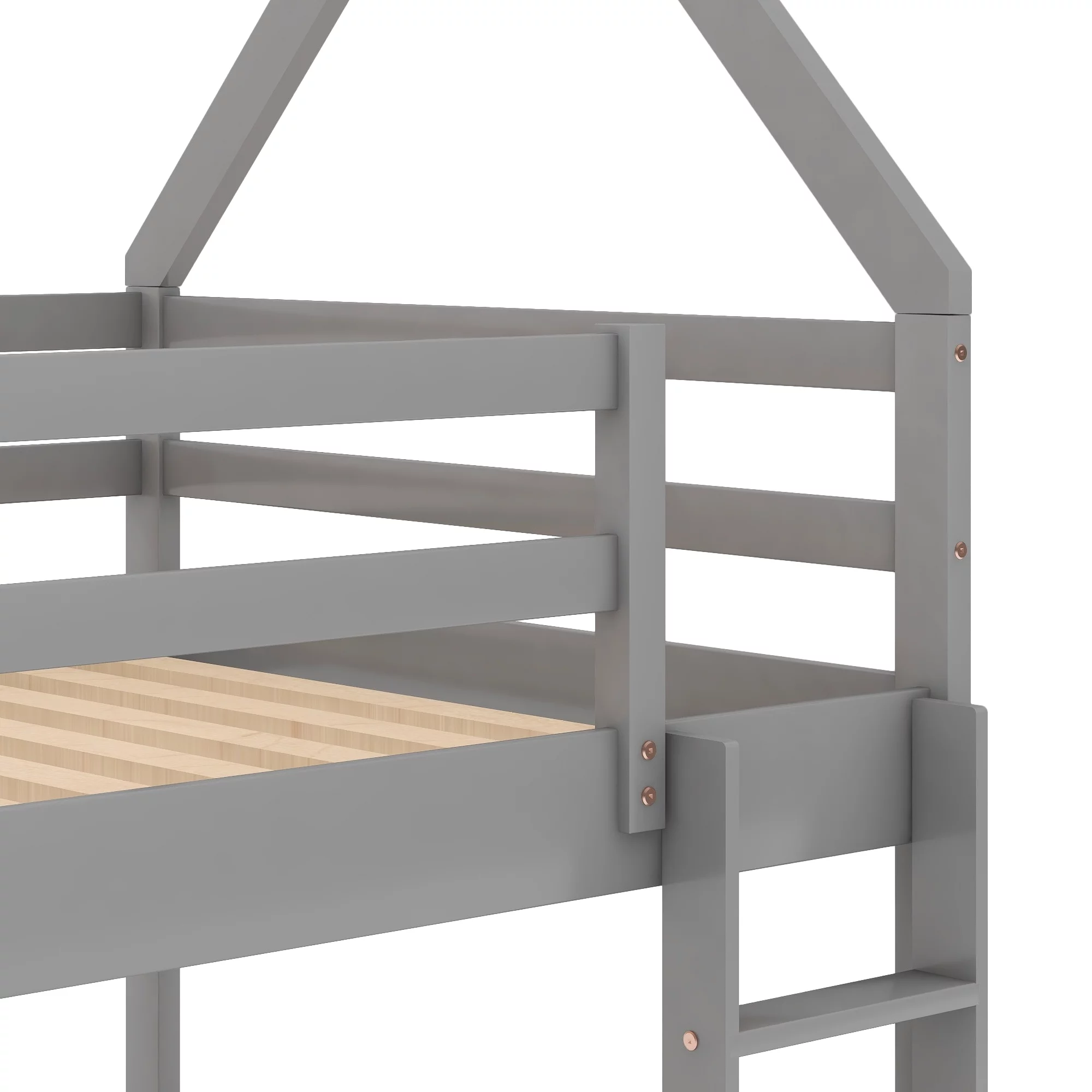 Euroco Twin over Twin House Bed, Low Bunk Bed for Kid's Room, Gray