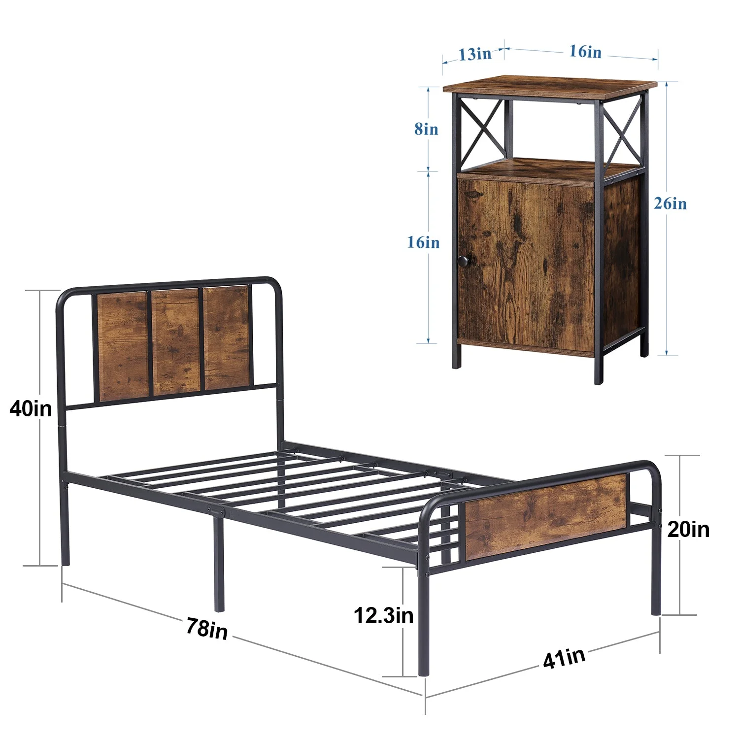 VECELO (Set of 3) Bedroom Set Bed Frame with 2 Brown Nightstand