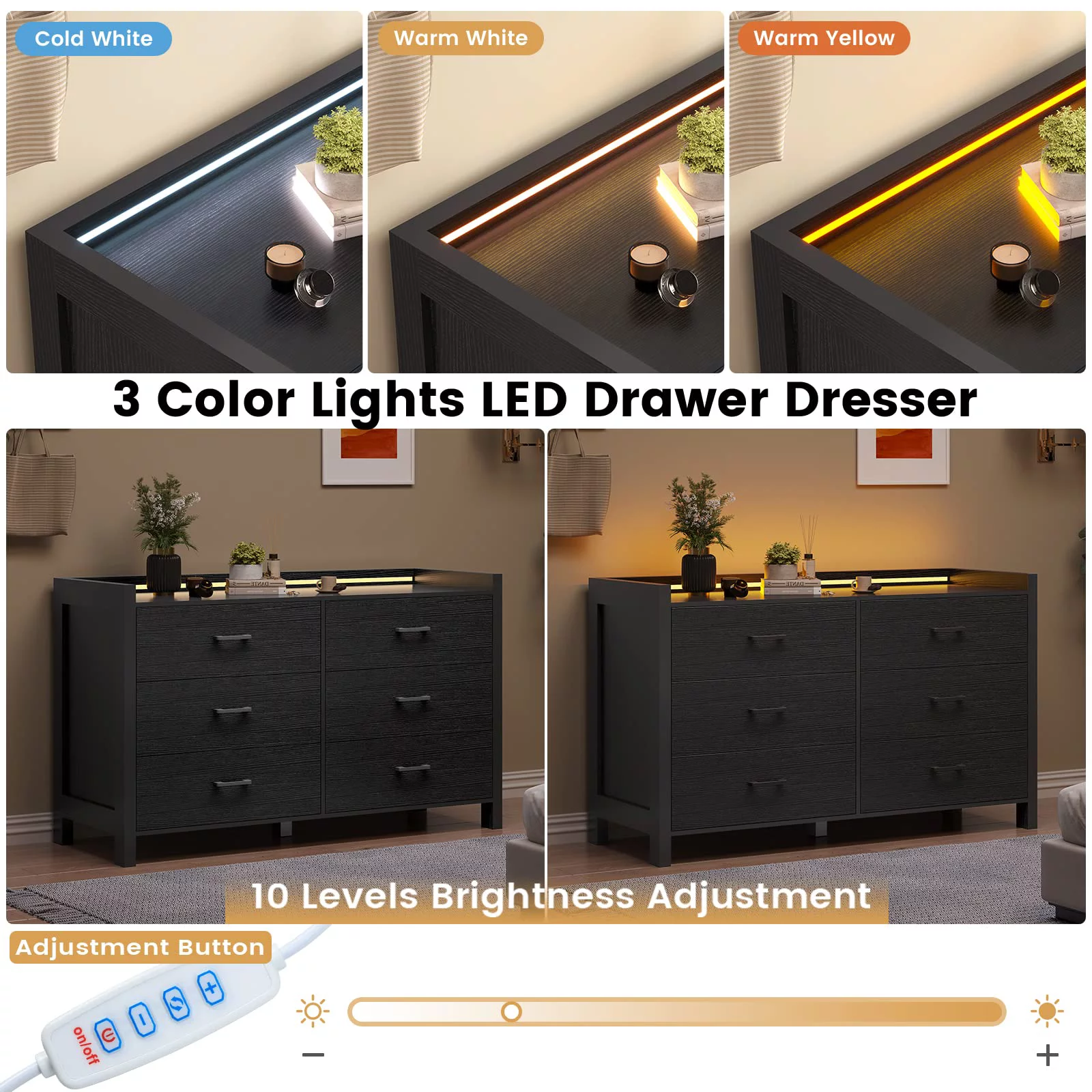 6 Drawer Double Dresser with LED Lights, Large Wooden Storage Cabinet,Drawer Dresser for Bedroom, Hallway, Entryway,Black