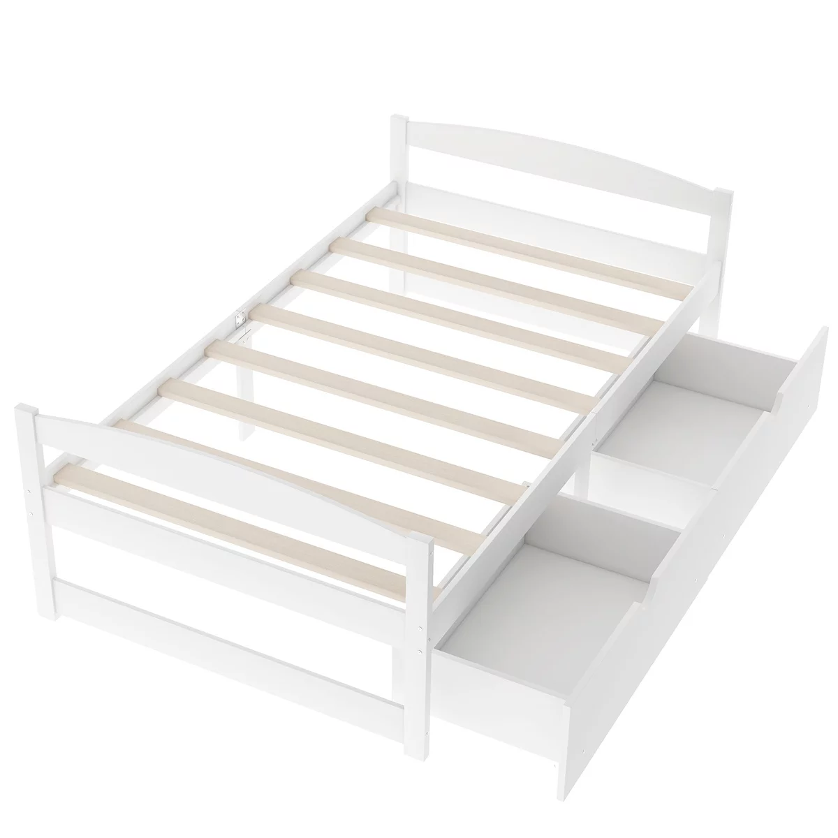 Wood Bed Frame Twin Size with 2 Drawers Platform Bed w/Headboard & Footboard Solid Wood Slat Support, No Box Spring Needed, Panel Bed Mattress Foundation