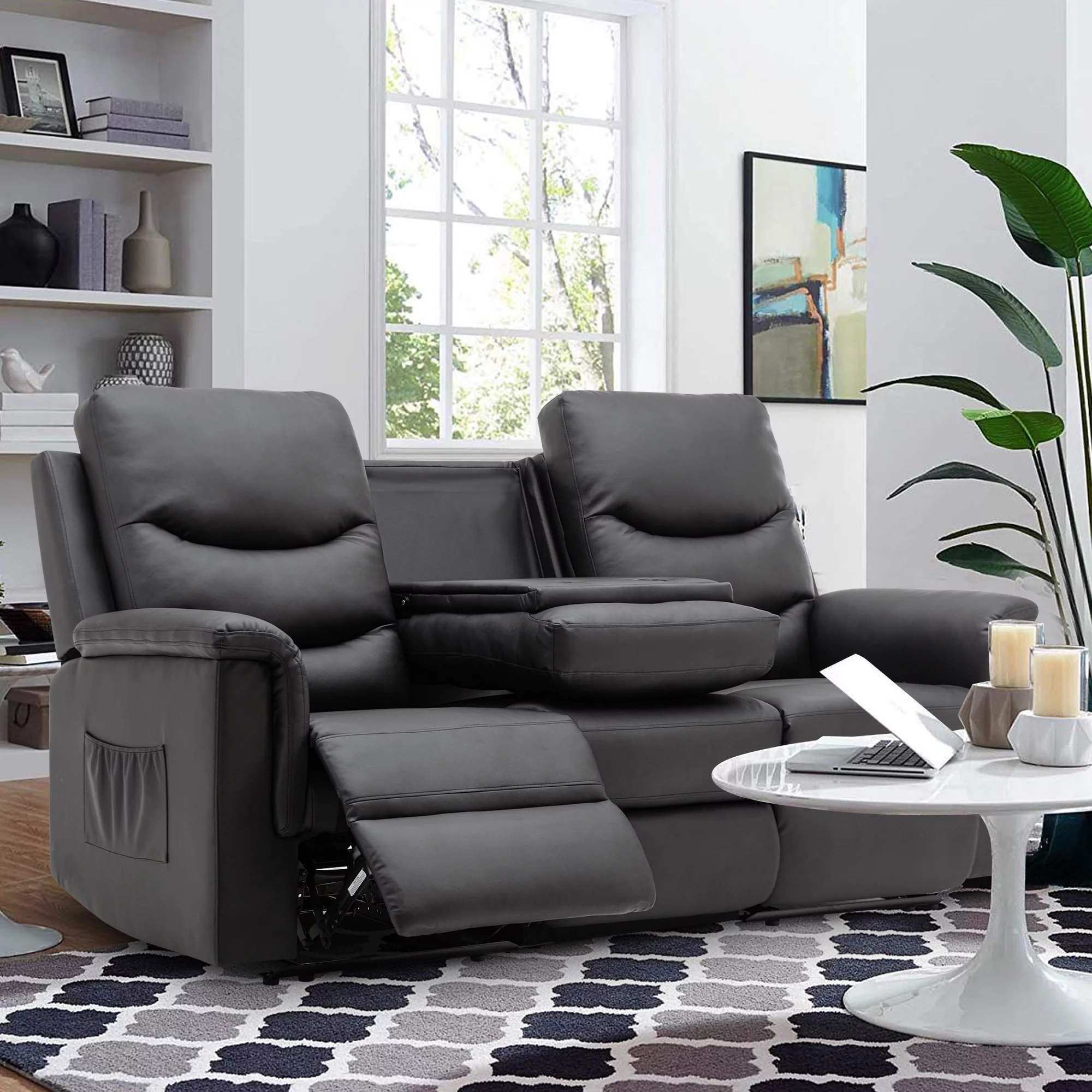Reclining Sofa, 3 Seater Sofa Recliner with Flipped Middle Backrest, PU Leather Reclining Sofa with 2 Cup Holders and Console Slate, Manual Reclining Home Theater Seating for Living Room