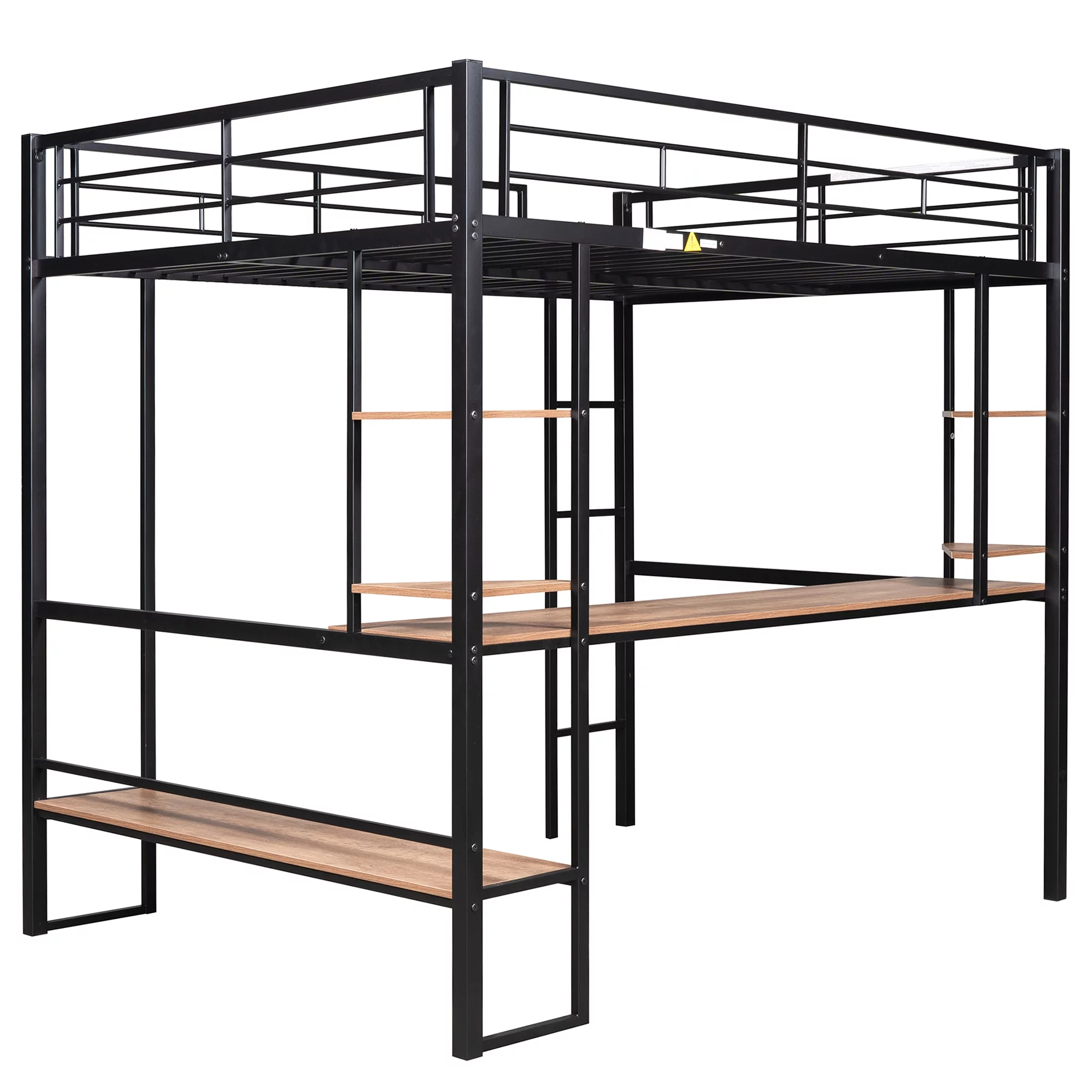 Euroco Full Size Loft Bed with Desk and Shelf, Space Saving Metal Bed, Black