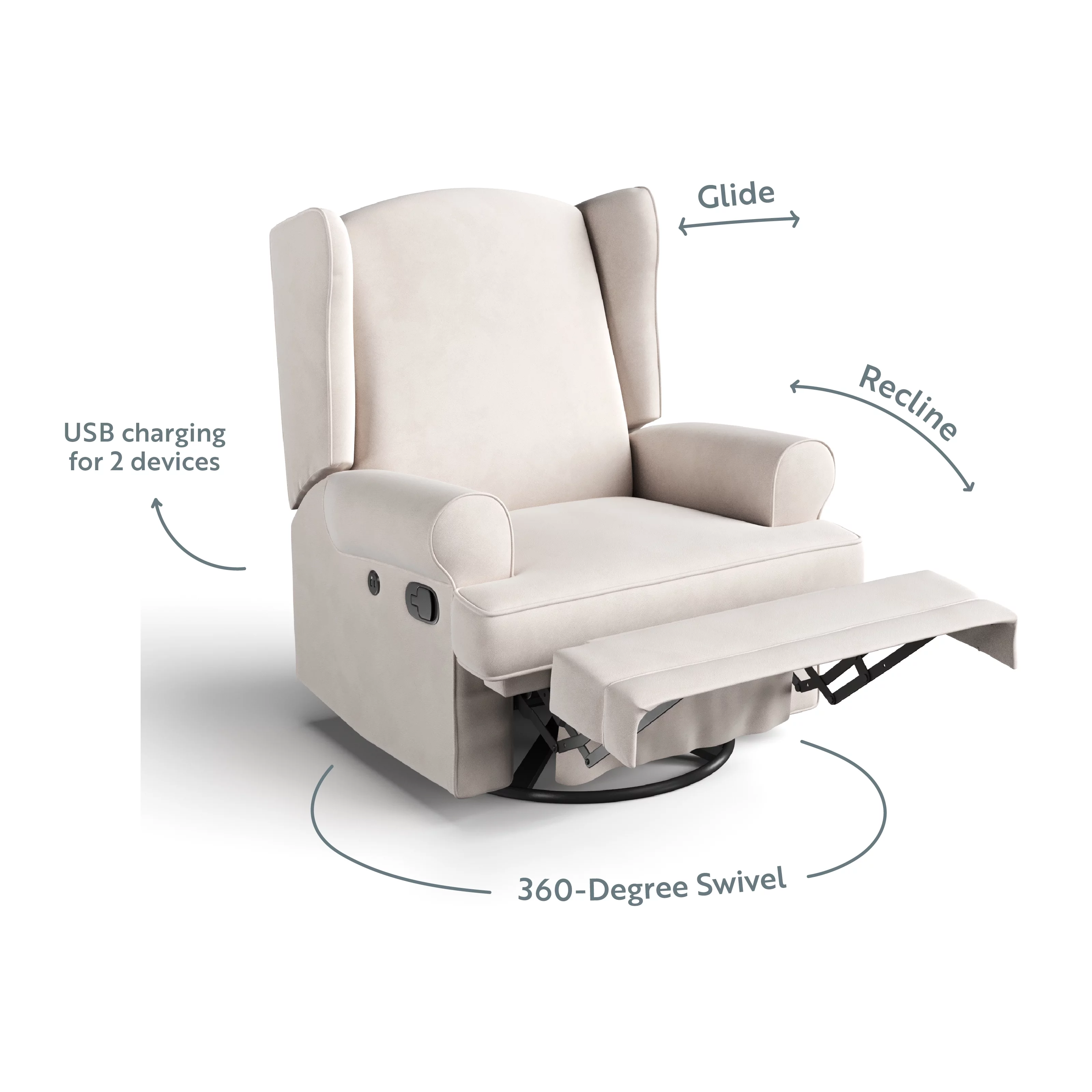 Storkcraft Serenity Wingback Children's Nursery Recline Glider with USB, Ivory