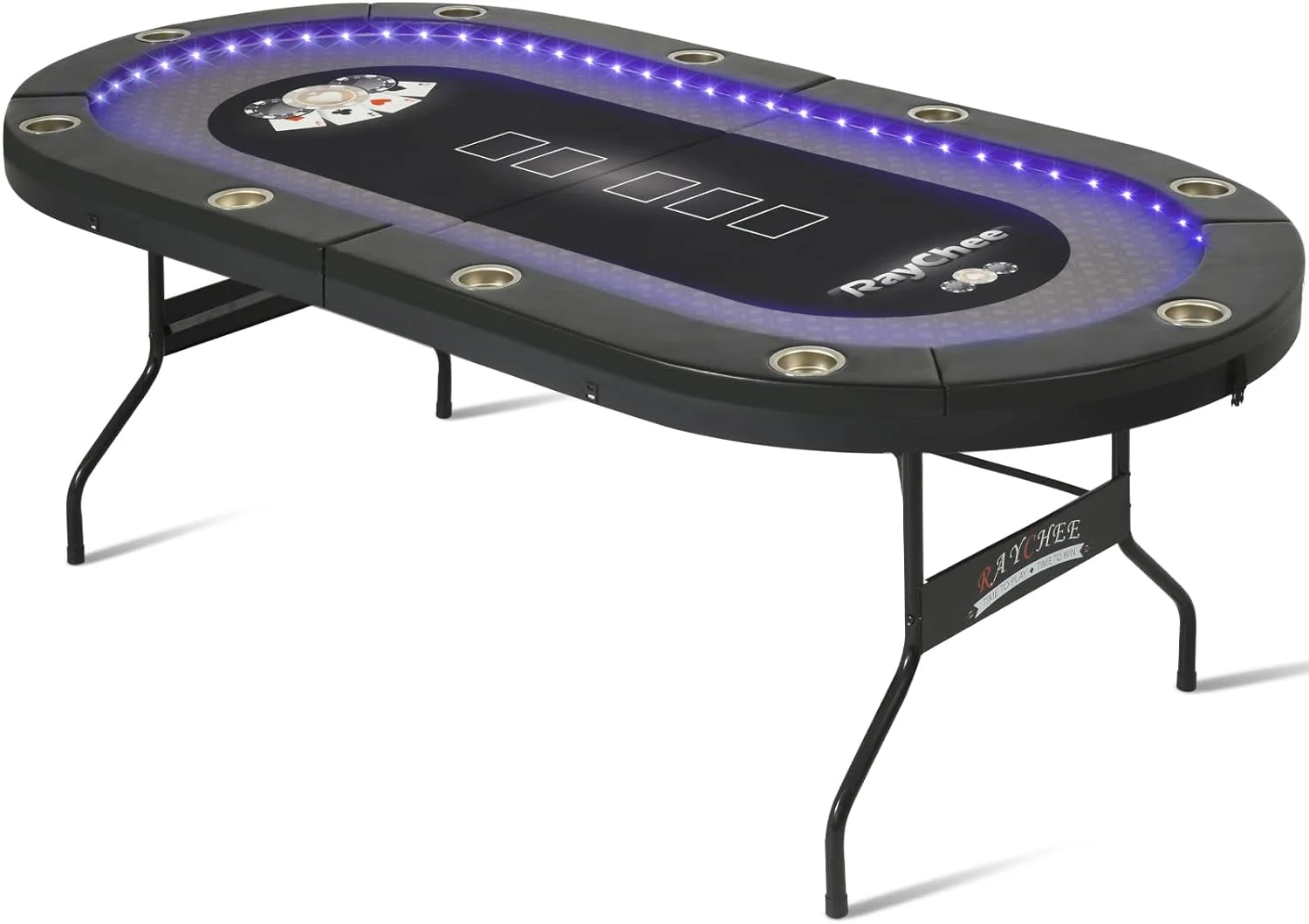 RayChee 84 inch Poker Table Foldable, 10 Player Folding Texas Holdem Table w/Inlaid LED Light, 2 USB & 2 Type-c Ports, Portable Blackjac for Texas Card Game w/Cup Holders and Padded Rails(Brown)