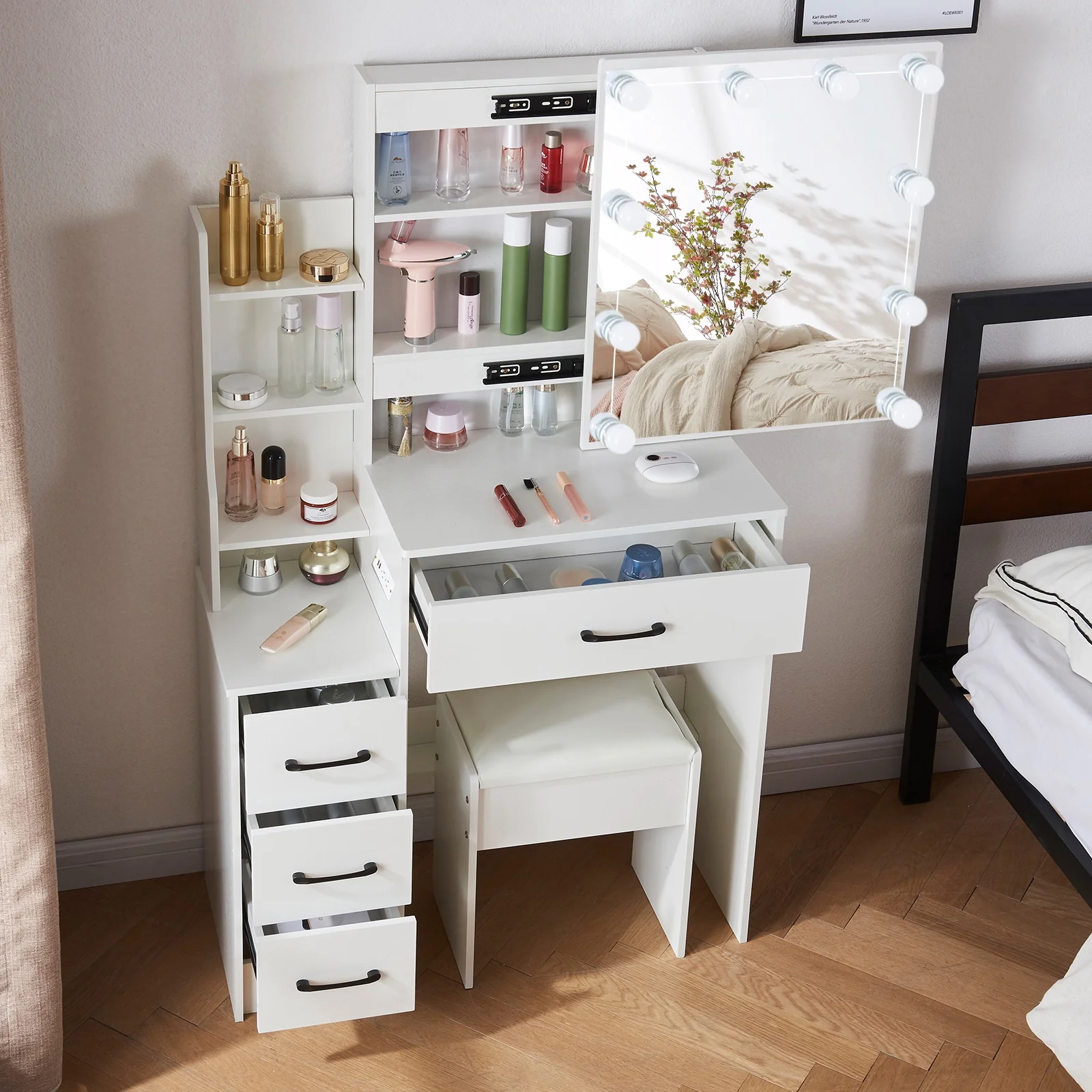 Yamissi Modern Makeup Vanity with LED Lighted Mirror and Stool, Vanity Table with USB Ports for Bedroom, Vanity Desk with Storage Shelves & Drawers, White