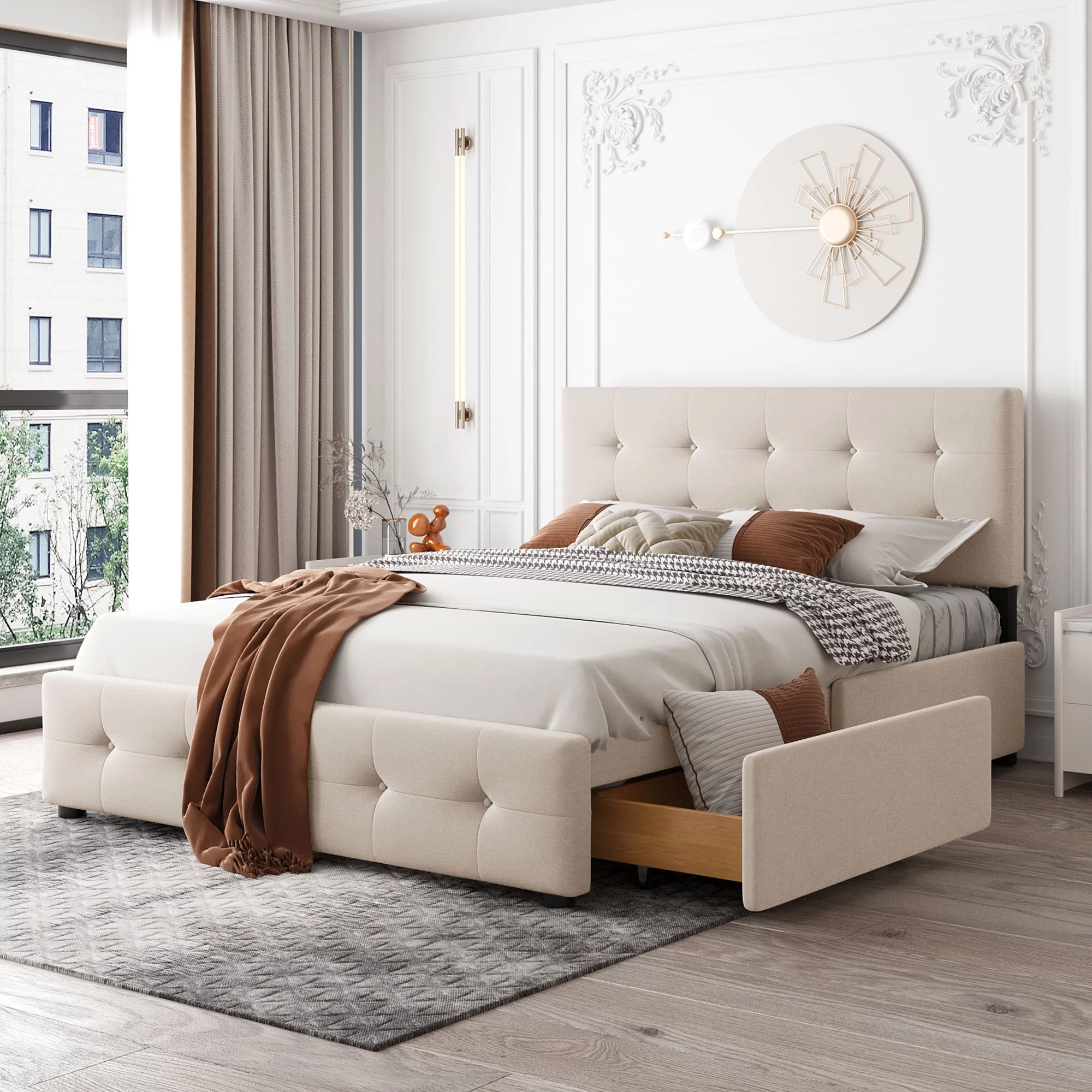Bellemave Queen Size Upholstered Platform Bed with 4 Drawers, Storage Queen Bed Frame with Classic Headboard,Linen Fabric,Save Space Design,Beige