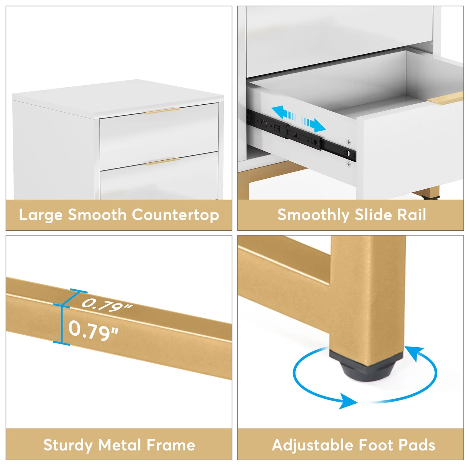 Tribesigns 3 Drawers Nightstand, Living Room White & Gold Side End Table, Bedside Table with Metal Frame