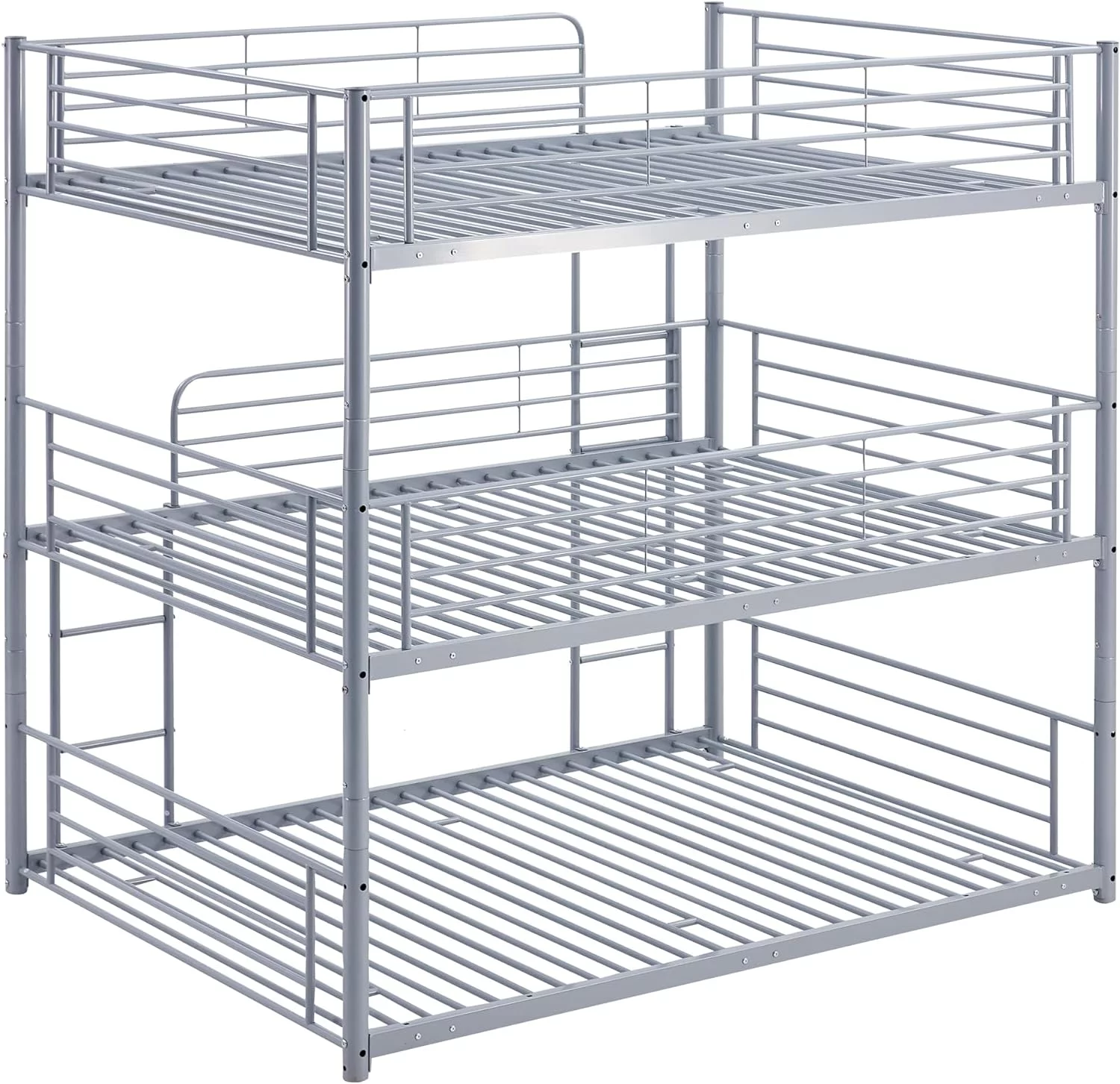 Tabaray Triple Beds Full-Full-Full Floor Bunk Bed with 2 Convertible Ladders and Iron Slats, Steel Bedframe with Guardrails for Teens Adults Boys Girls (Grey)