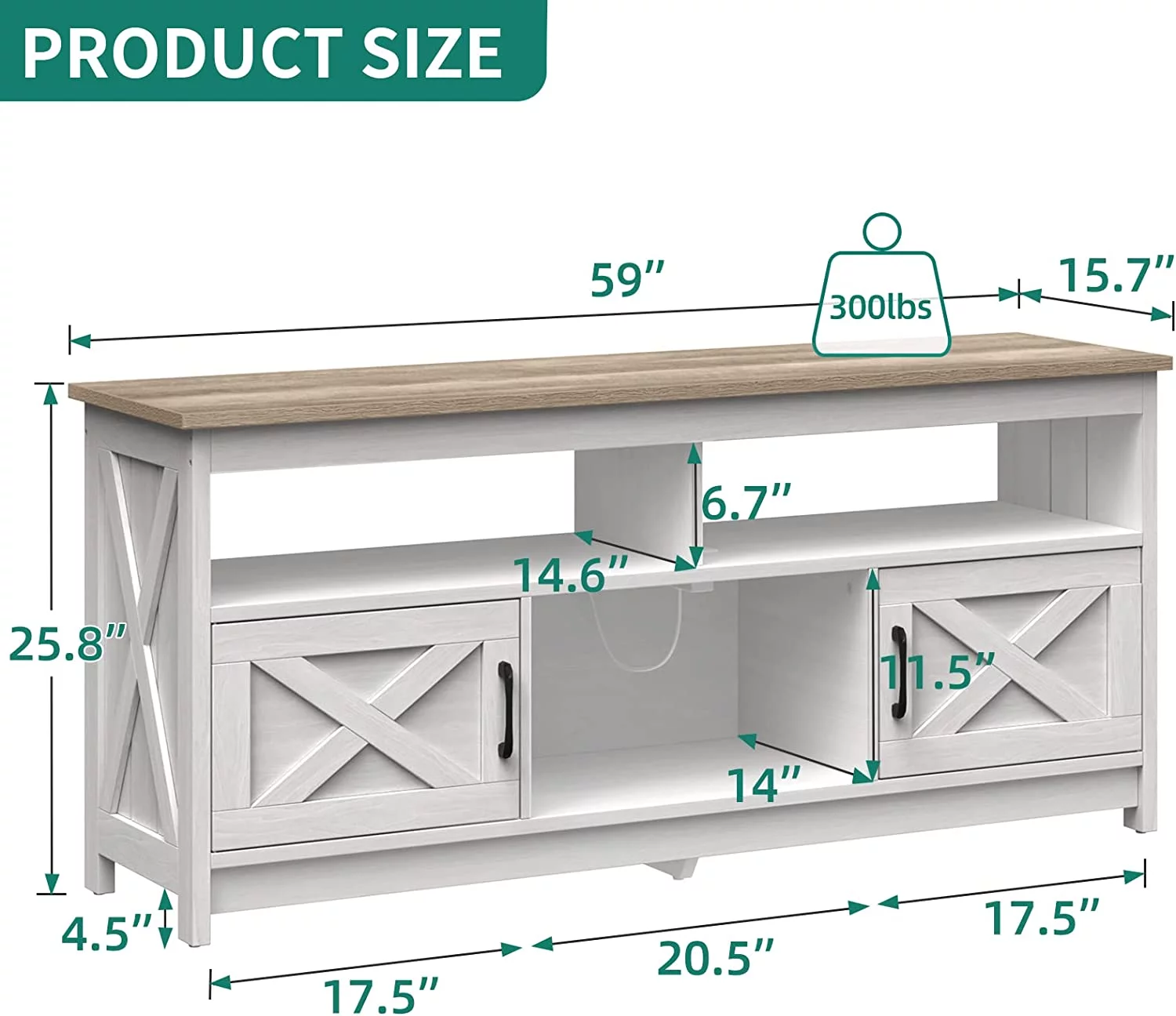 DEXTRUS Farmhouse TV Stand up to 65 inch with Power Outlet, Media Console with Storage Shelves for Living Room, Grey Wash