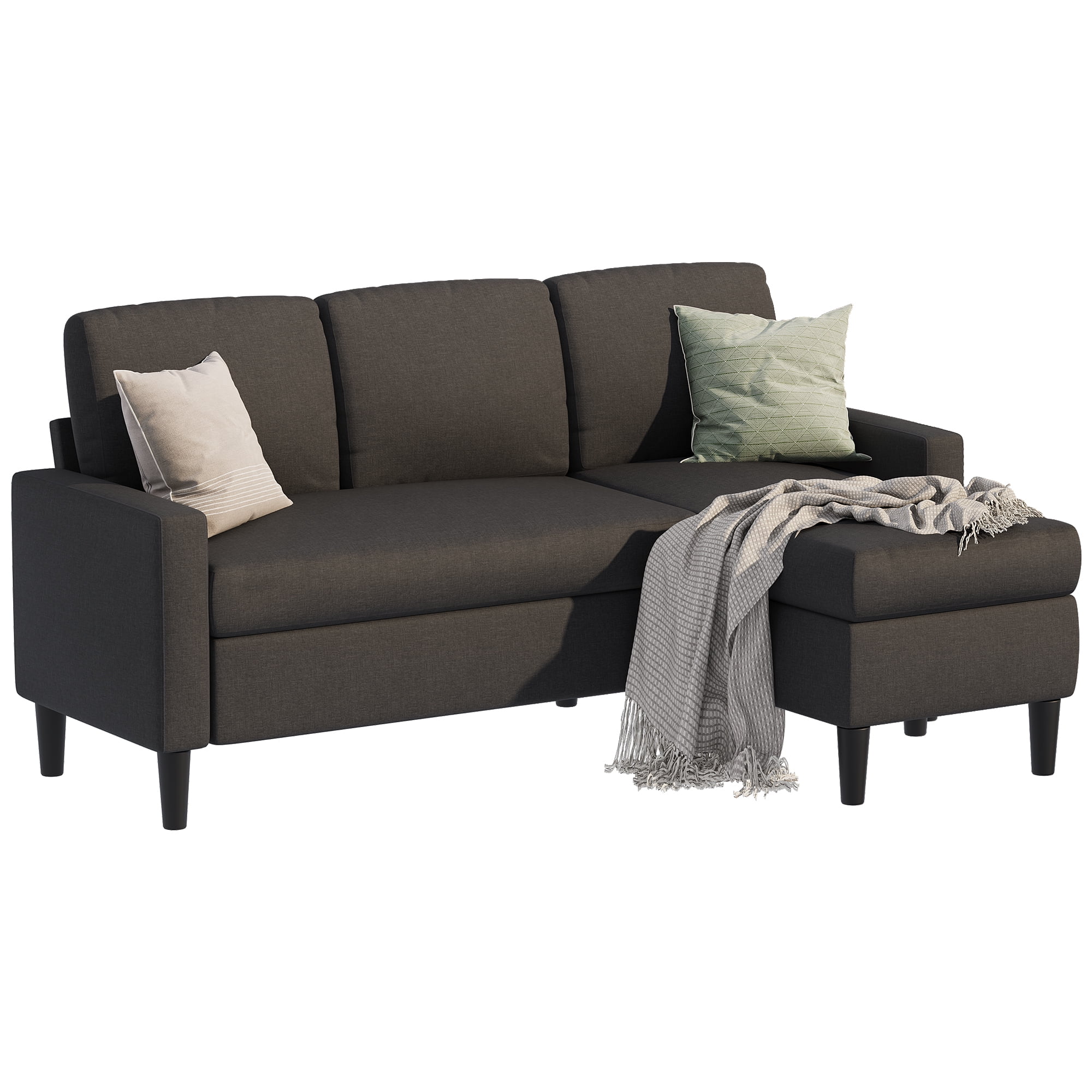 Walsunny Convertible Sectional Sofa Couch,Modern Linen Fabric L-Shaped Couch 3-Seat Sofa with Reversible Chaise for Small Space(Grayish Black)