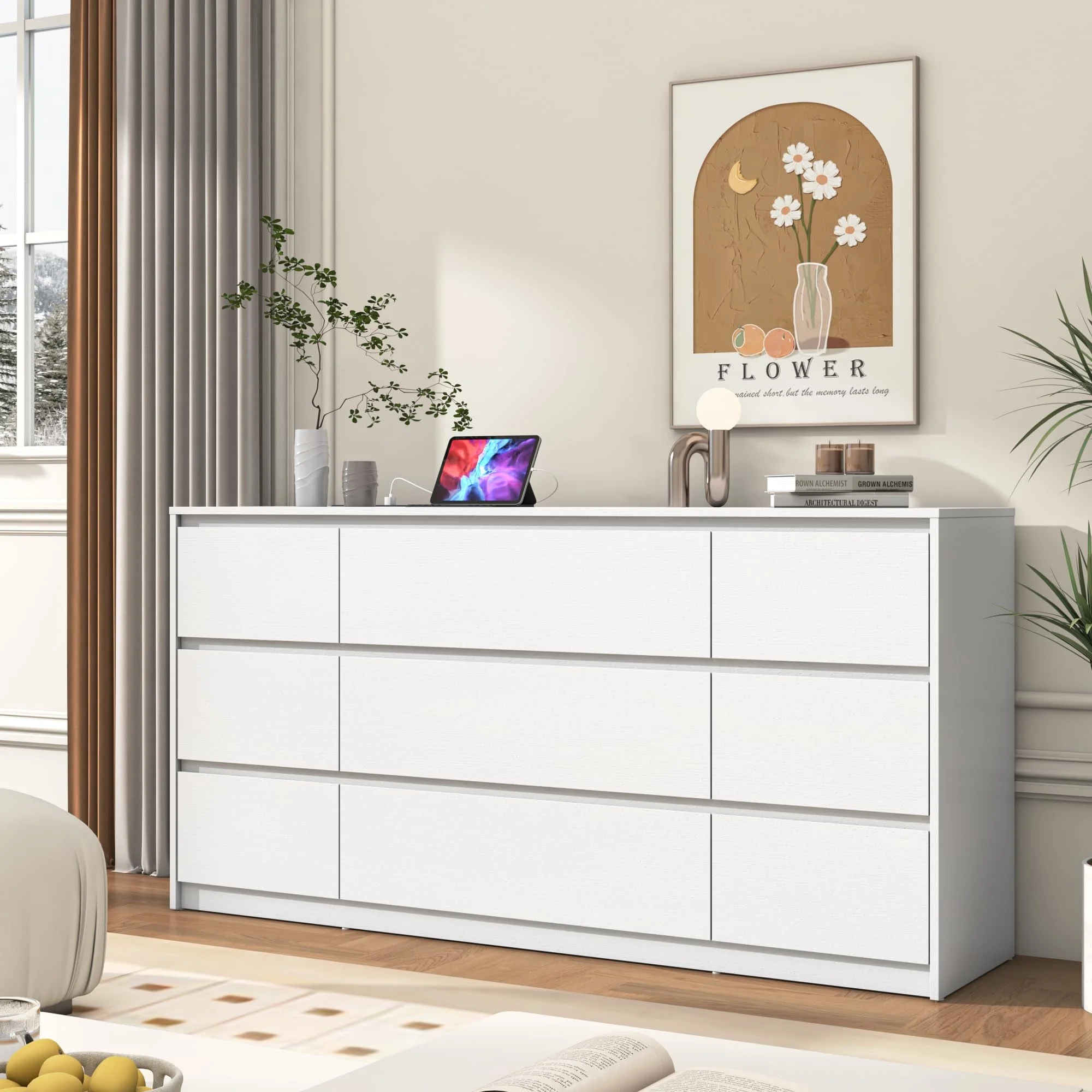 ChVans White 9 Drawer Dresser for Bedroom with Charging Station, 63