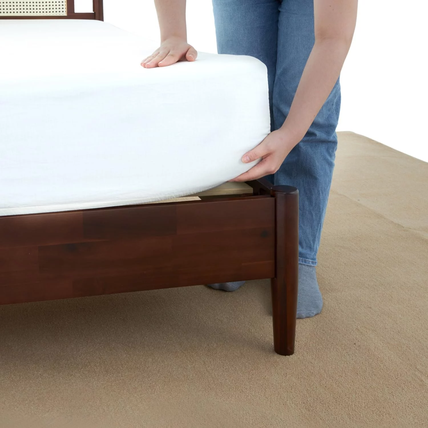 Bme Oliver 15 Inch Signature Bed Frame with Rattan Headboard - Bohemian & Mid Century Style - Acacia Wood - 12 Strong Wood Slat Support - Easy Assembly - No Box Spring Needed - Walnut, Queen