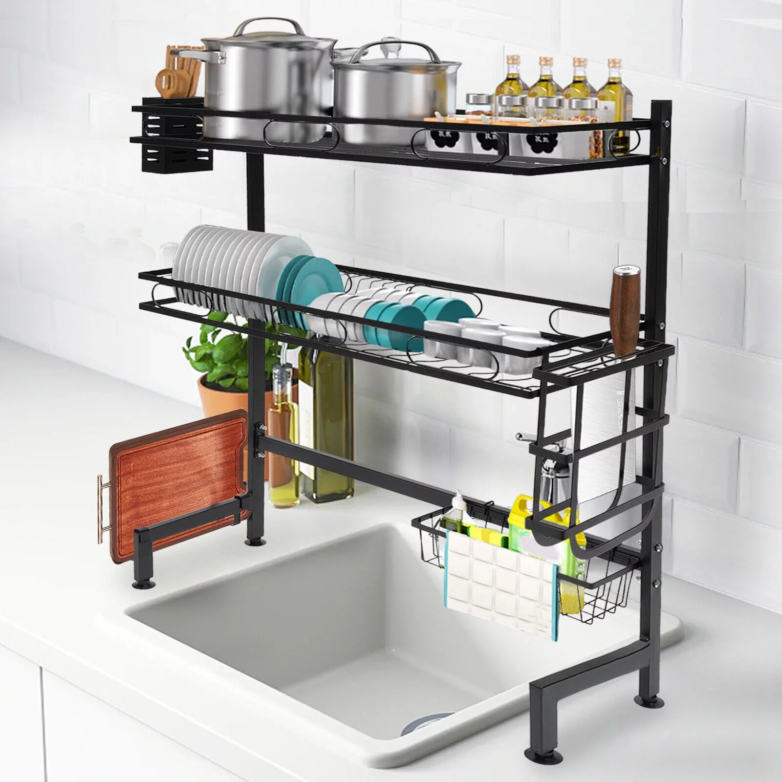 2-tiers Over-the-sink Adjustable Large 24.4'' Dish Drying Rack Large Drainage Multifunctional Kitchen Rack