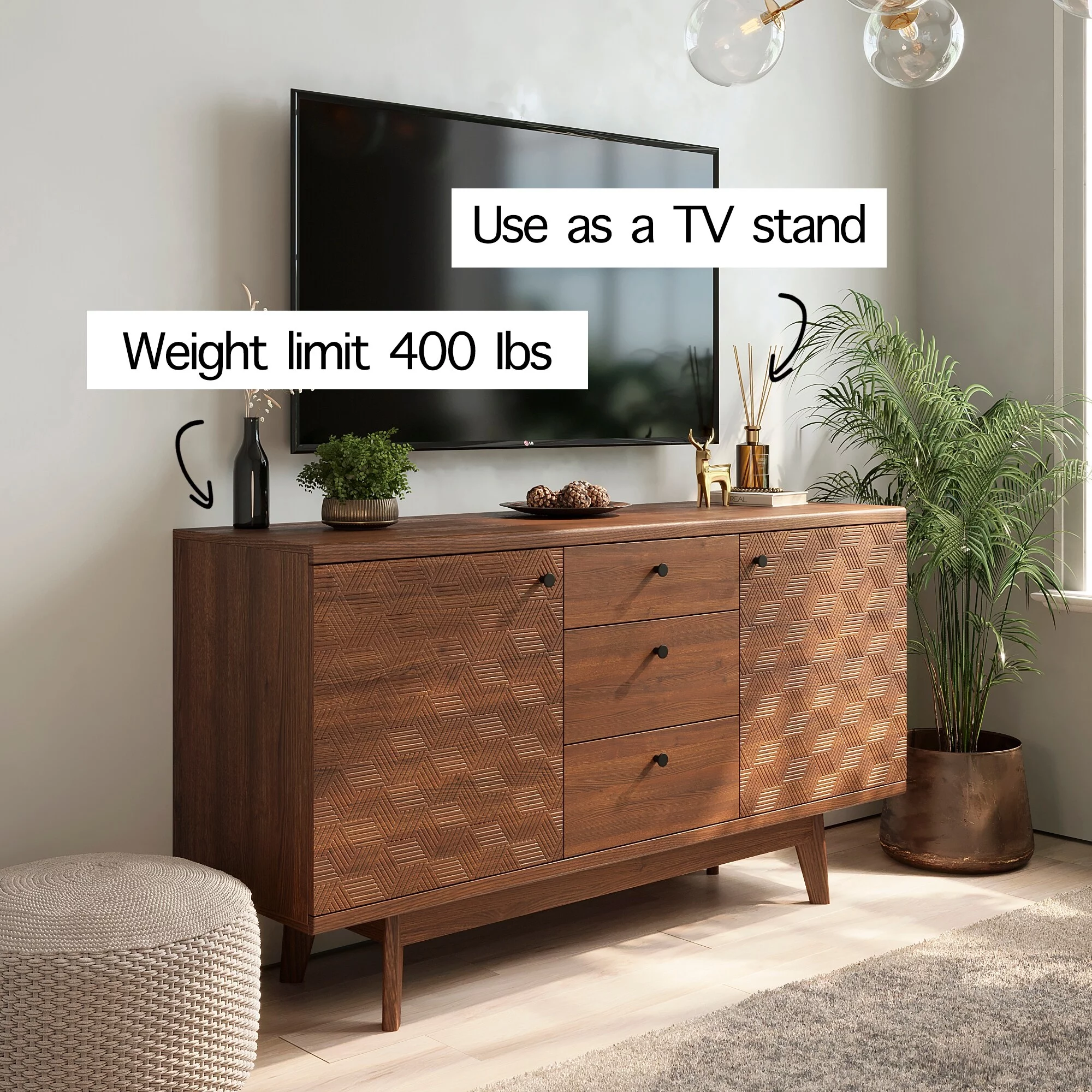 Living Skog  Scandi Sideboard Buffet TV Stand with Drawers and Wooden Legs for TV's up to 65-inch TV Beige
