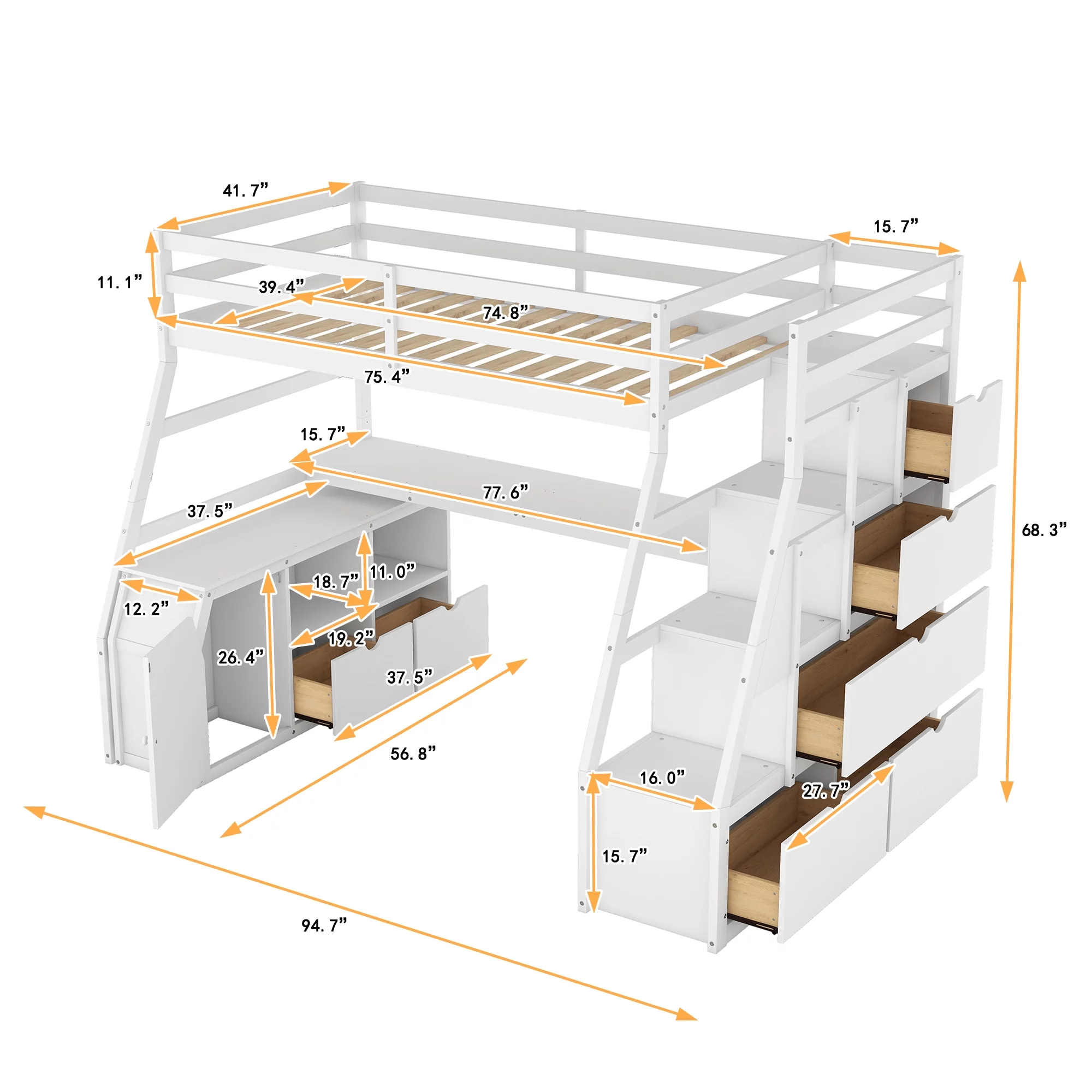 Twin Size Loft Bed Frame with 7 Drawers 2 Shelves and Desk, Health and Comfort Storage Shelves and Writing Desk, Wooden Loft Beds with Stairway, High Loft Bed for Kids Boys (White,Twin)