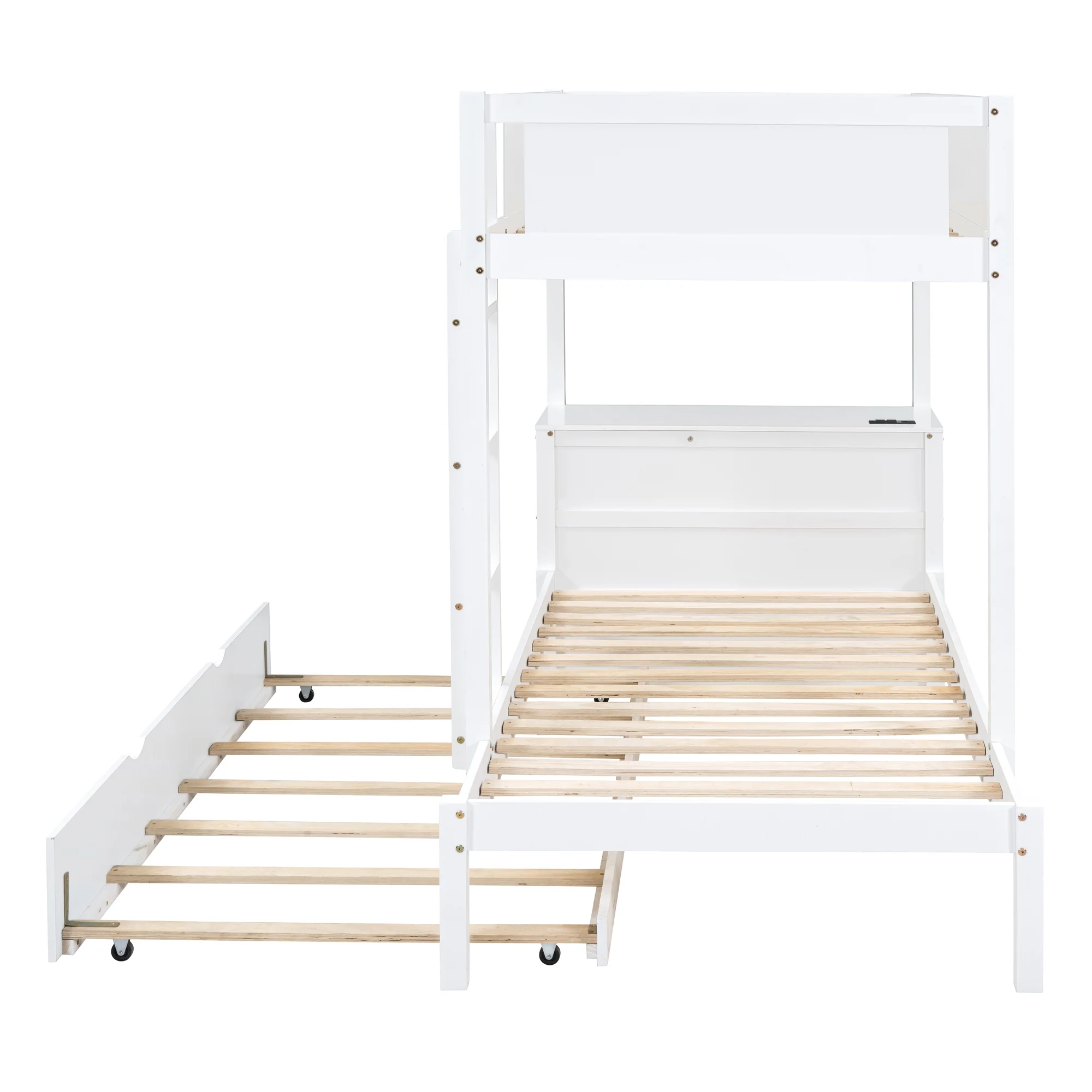Euroco Twin over Twin Bunk Bed with Desk and Trundle, USB Charging Staion and 3 Drawers for Kids Teens Adults, White