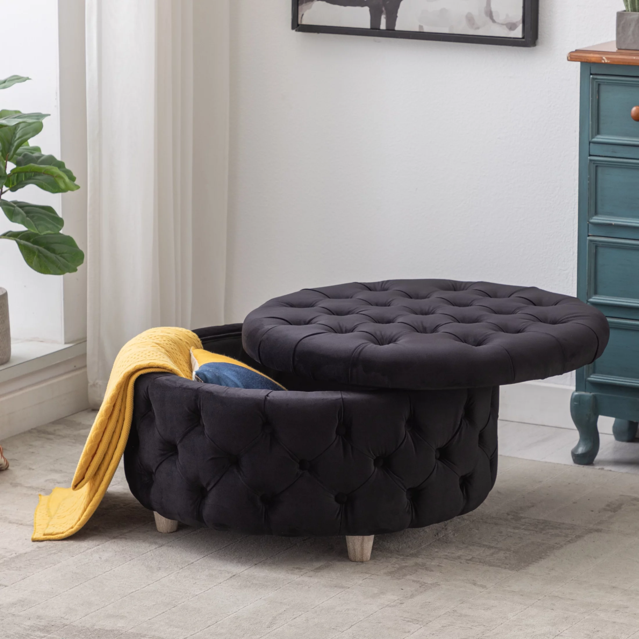 Wordford Round Velvet Tufted Storage Ottoman, Velvet Black