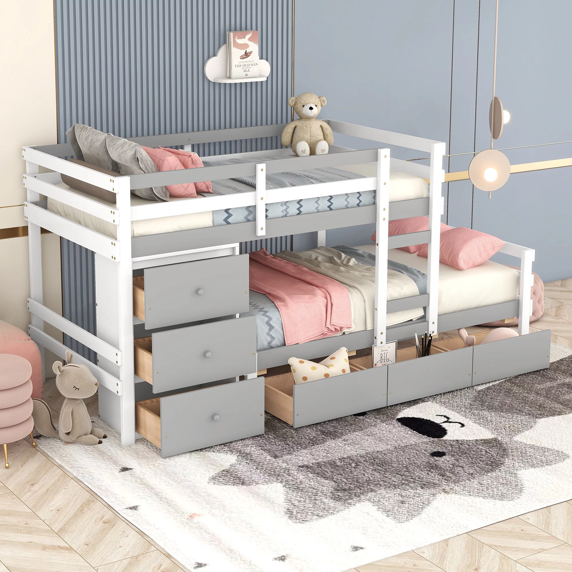 Euroco Twin over Twin Bunk Bed with Six Drawers for Kids Room, Gray