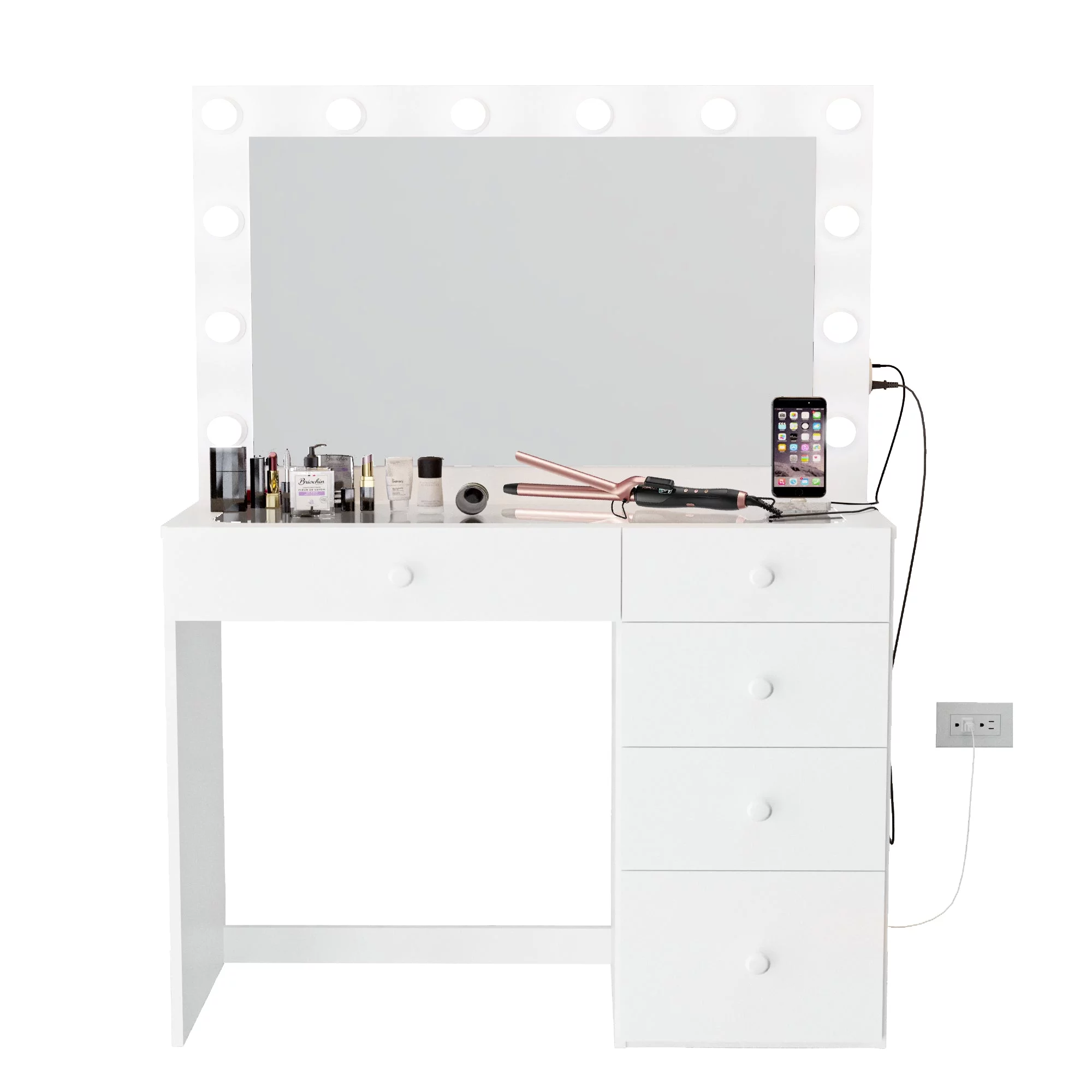 Boahaus Alana Vanity Desk with Mirror and Lights, Basic Knobs, 5 Drawers, White