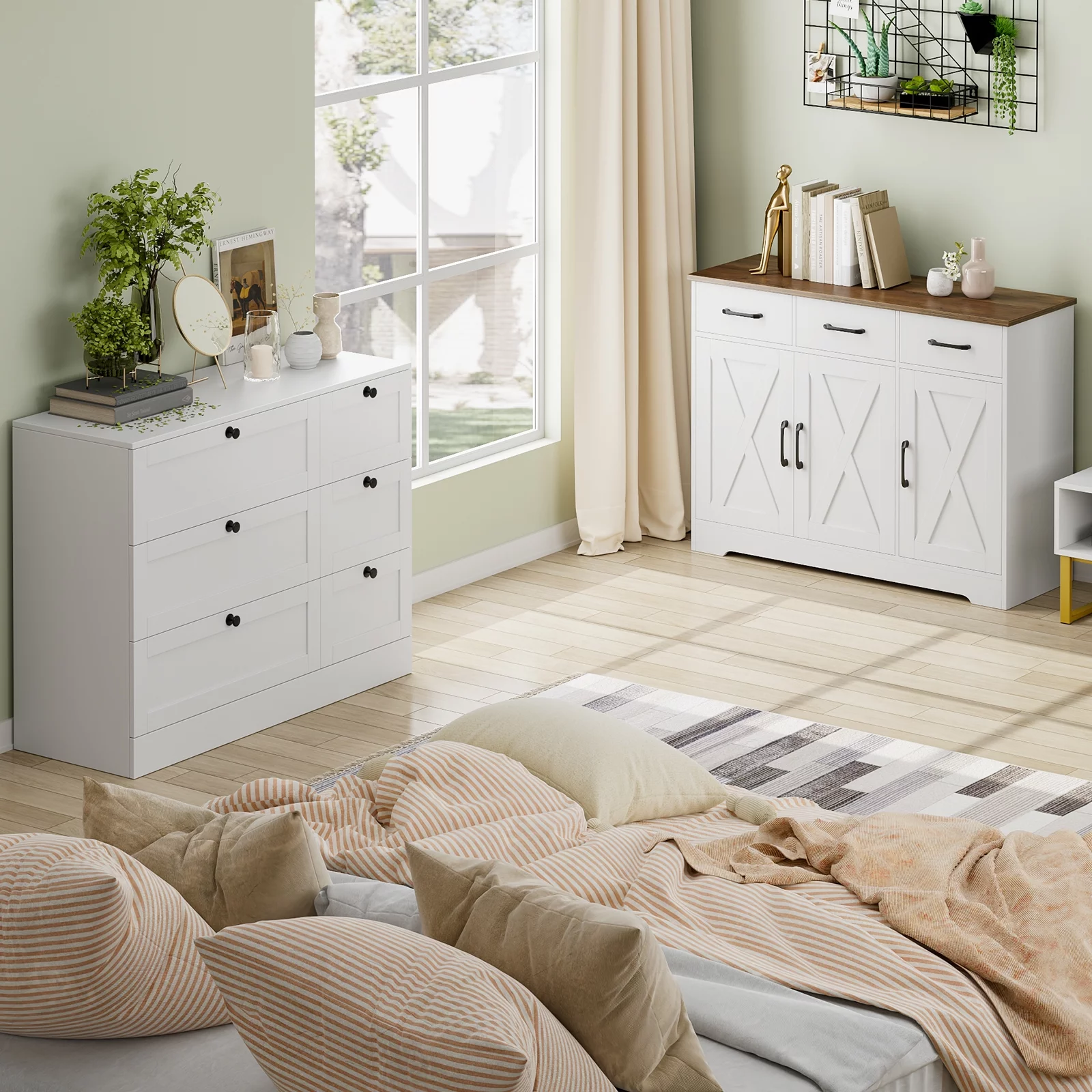 Homfa 42.5‘’ Kitchen Buffet Sideboard Cabinet, 3 Drawers Farmhouse Coffee Bar Storage Cabinet with Adjustable Shelf, White