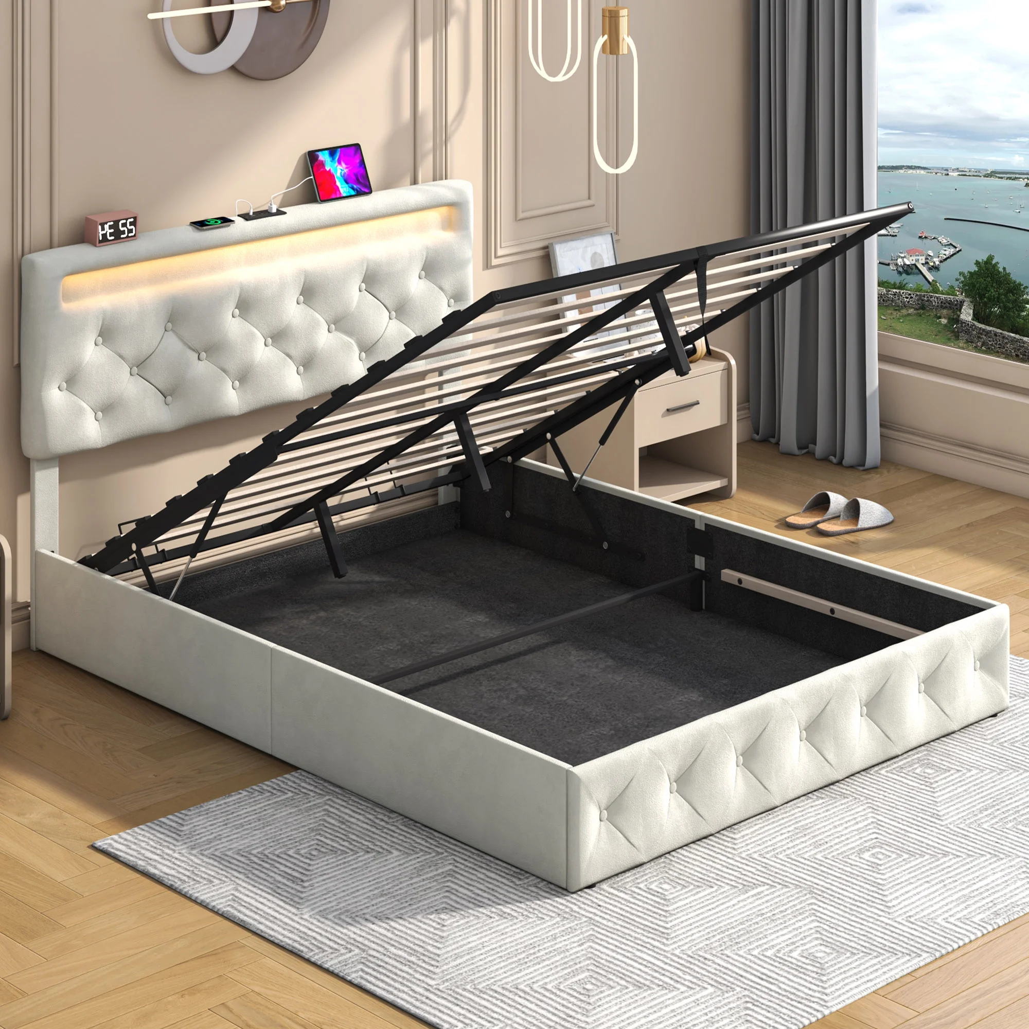 Queen Lift Up Storage Bed with LED Light & Power Station & Large Under Bed Storage, Velvet Upholstered Platform Bed Frame with Adjustable Headboard(Beige-Queen)