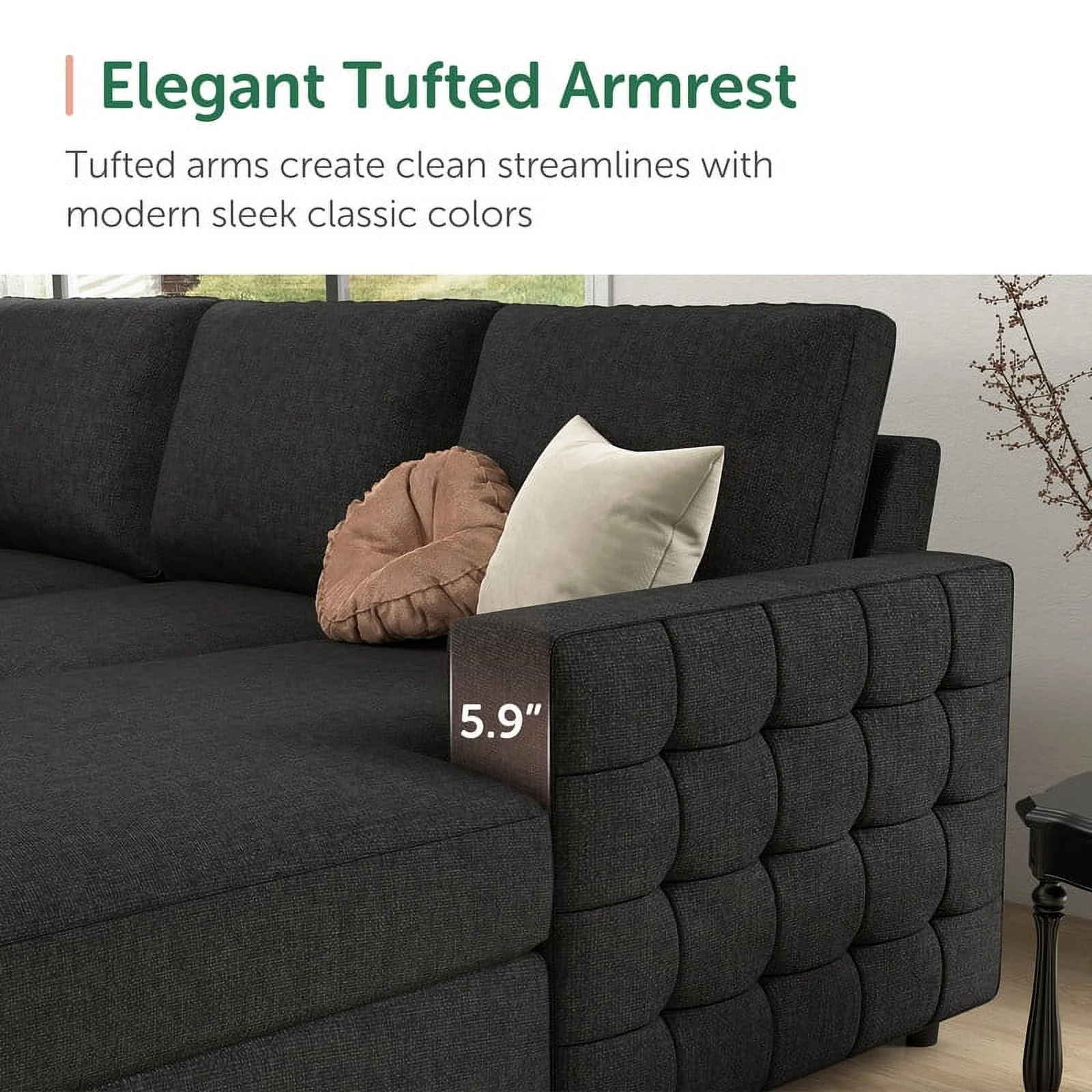 HONBAY Modern Convertible Sleeper Sectional Sofa Couch with Pull-out Bed and Storage Chaise, Dark Grey