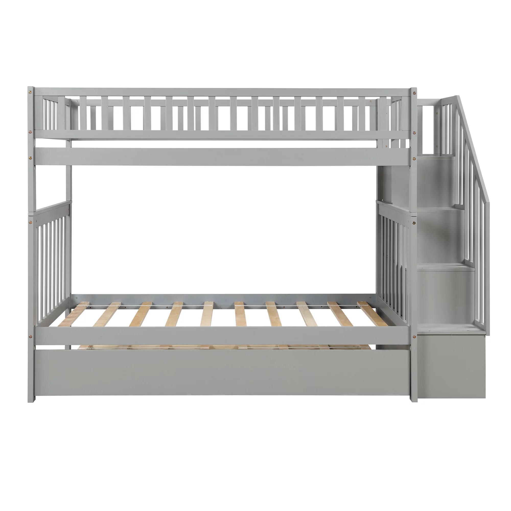 CHURANTY Solid Wood Bunk Bed Frame with Trundle,Twin Over Twin Loft Bed With Storage Stairways and Guardrails for Kids and Teens
