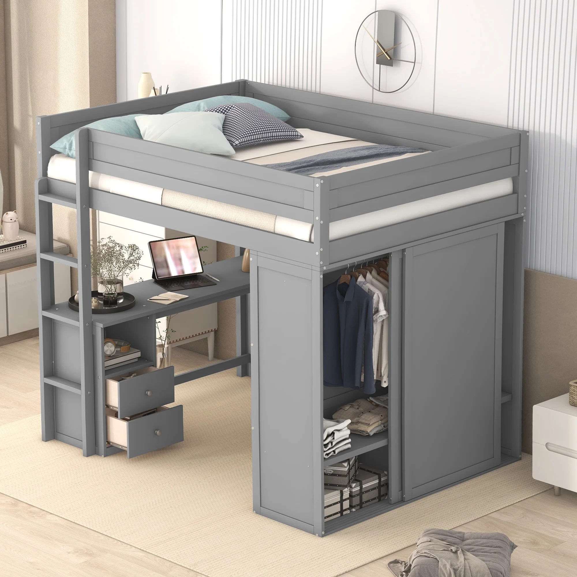 EUROCO Wood Full Size Loft Bed, Storage Desk and Drawers, Wardrobe with Clothes Hanger and Sliding Door for Living Room, Gray