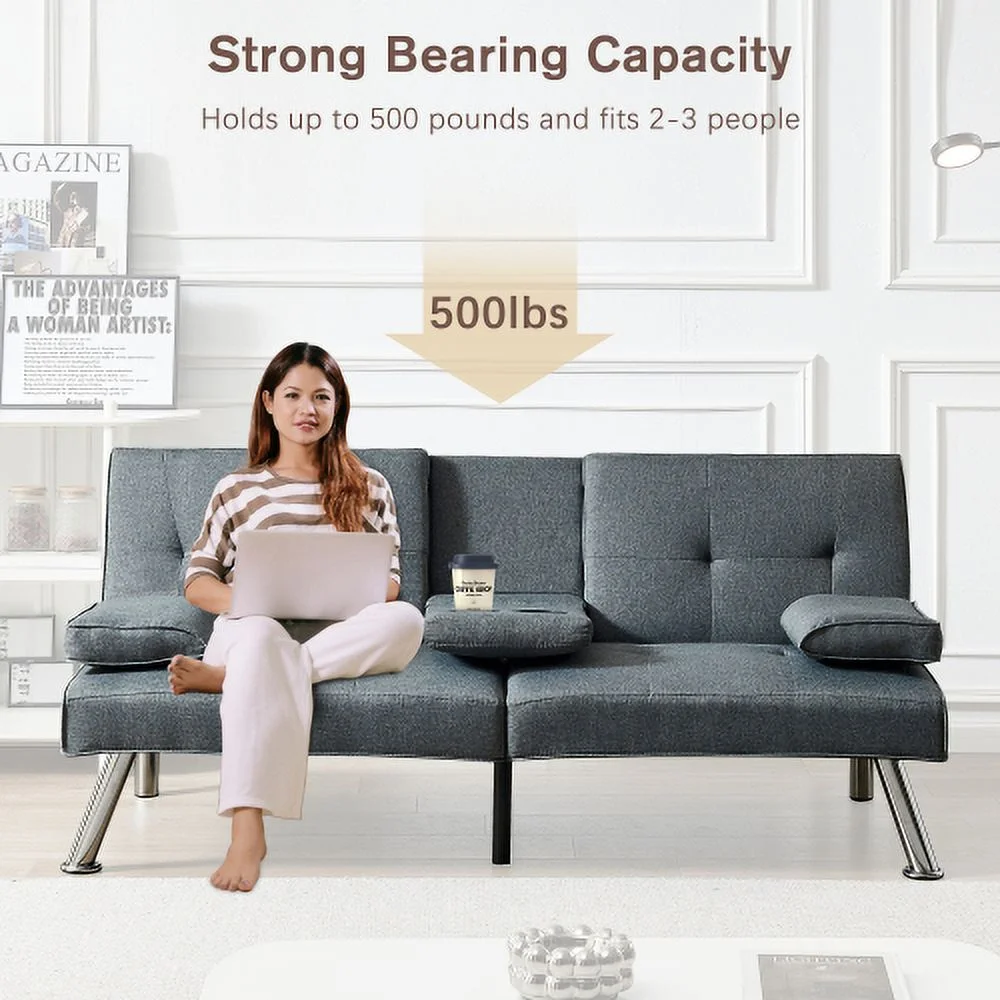 Linen Fabric Modern Sofa Bed Futon Couch Bed Folding Recliner Sleeper Reversible Loveseat Convertible Daybed, 2 Cup Holders, 3 Angles, Removable Armrests, Gray