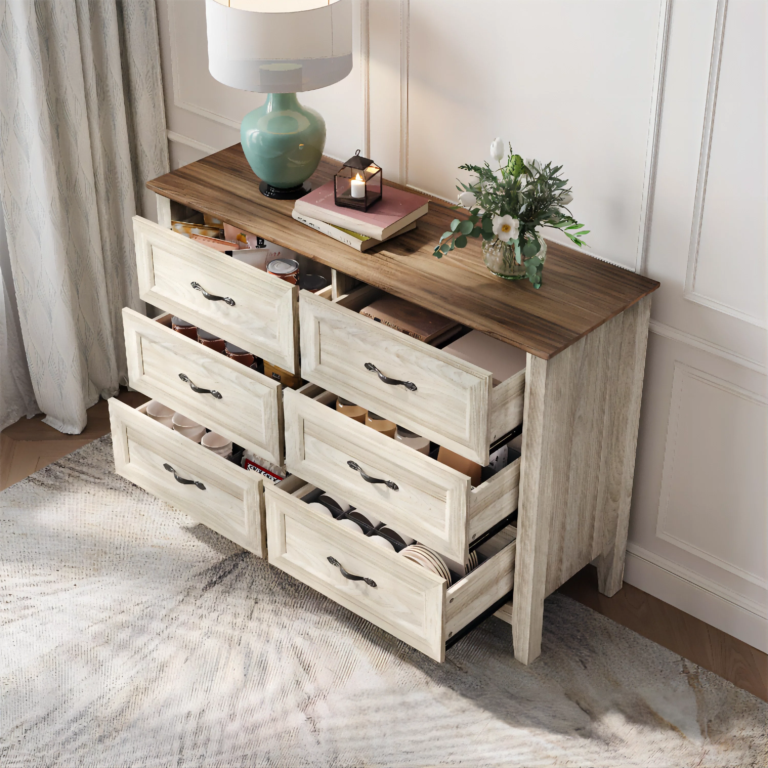 LINSY HOME Dresser for Bedroom, Long Dresser with 6 Drawers and Antique Handles, Chest of Drawers for Living Room, Entryway and Hallway, Rustic Oak