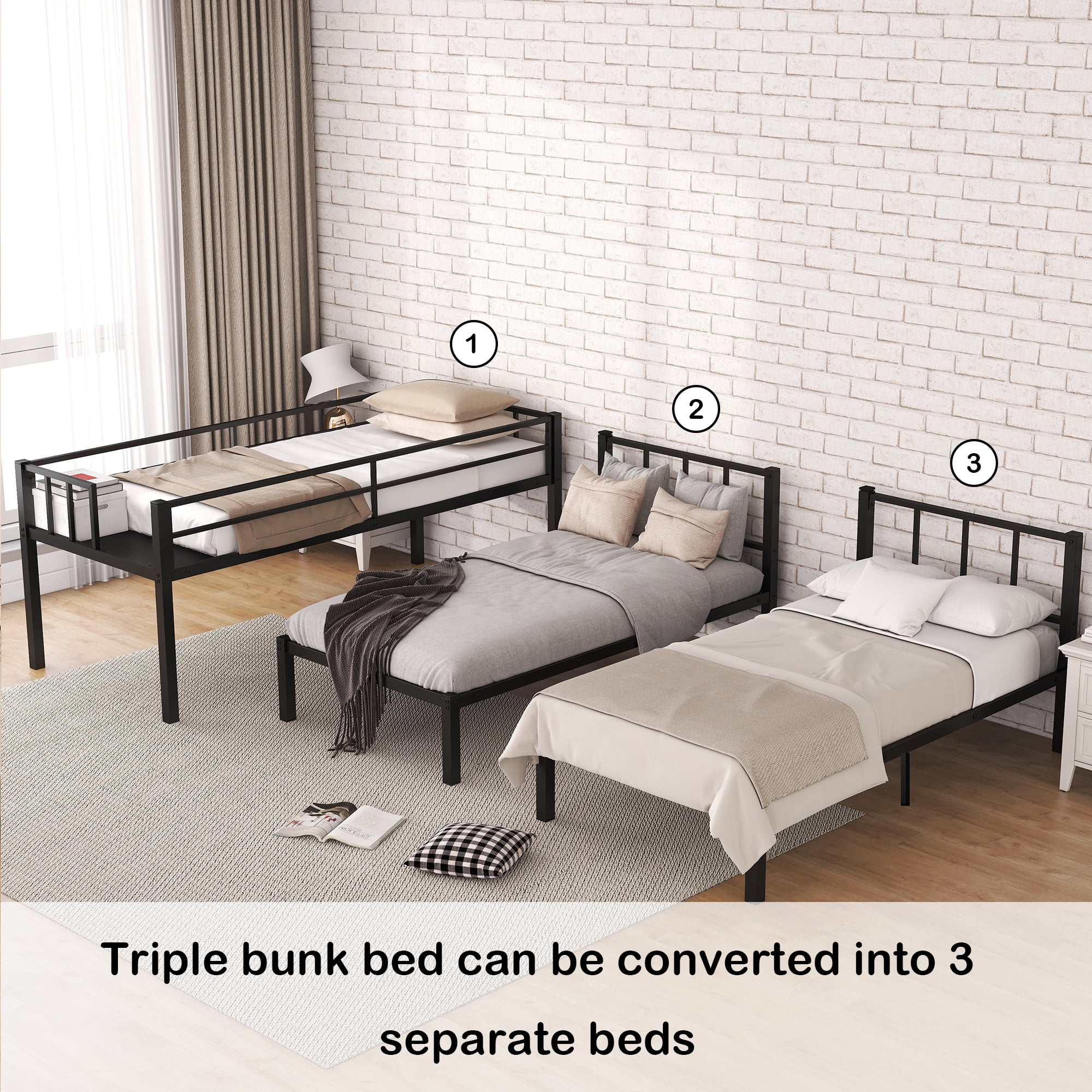 Bellemave Triple Bunk Bed Twin XL over Twin and Twin Metal Bunk Bed Frame with Storage Shelf Space Saving Bunk bed with Build-in Table Convertible 3 Bunk Bed for Kids Teens Boys Girls, Black
