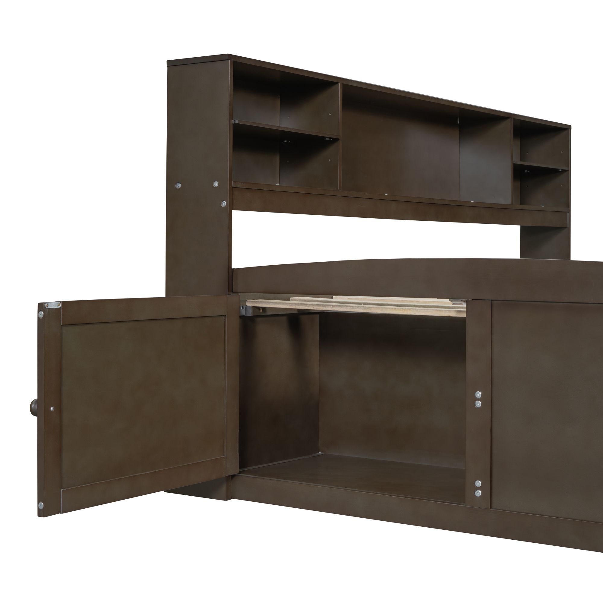 Full Size Solid Wood Bed Frame with 2 Bedside Cabinets, Upper Shelves and 4 Drawers, Platform Bed Frame, Mid Century Bedframe, Wood Daybed, Wood Foundation(Brown, Full)