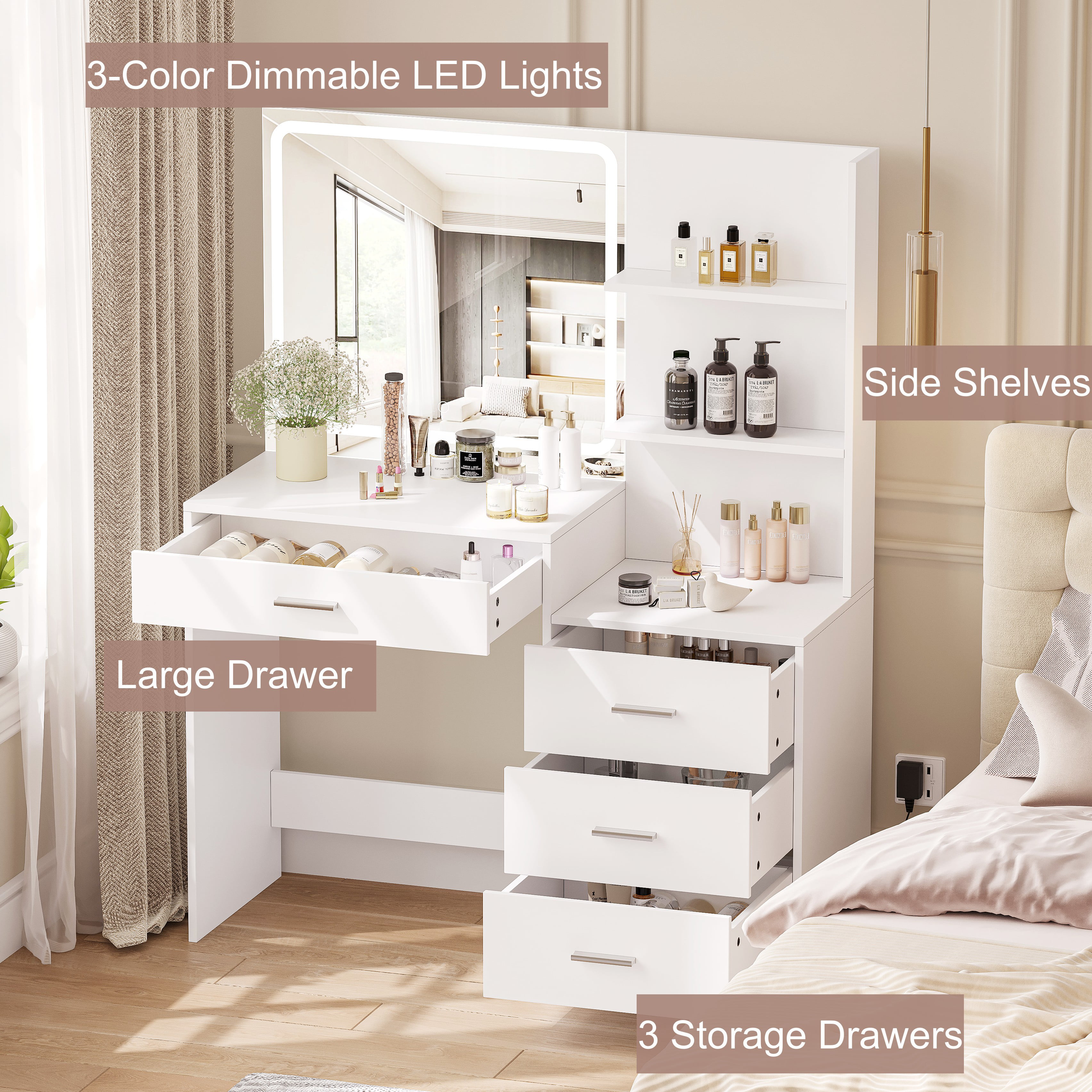Rovaurx Makeup Vanity Table with Lights and Mirror, Storage Shelf & 4 Drawers, Dressing Desk, White