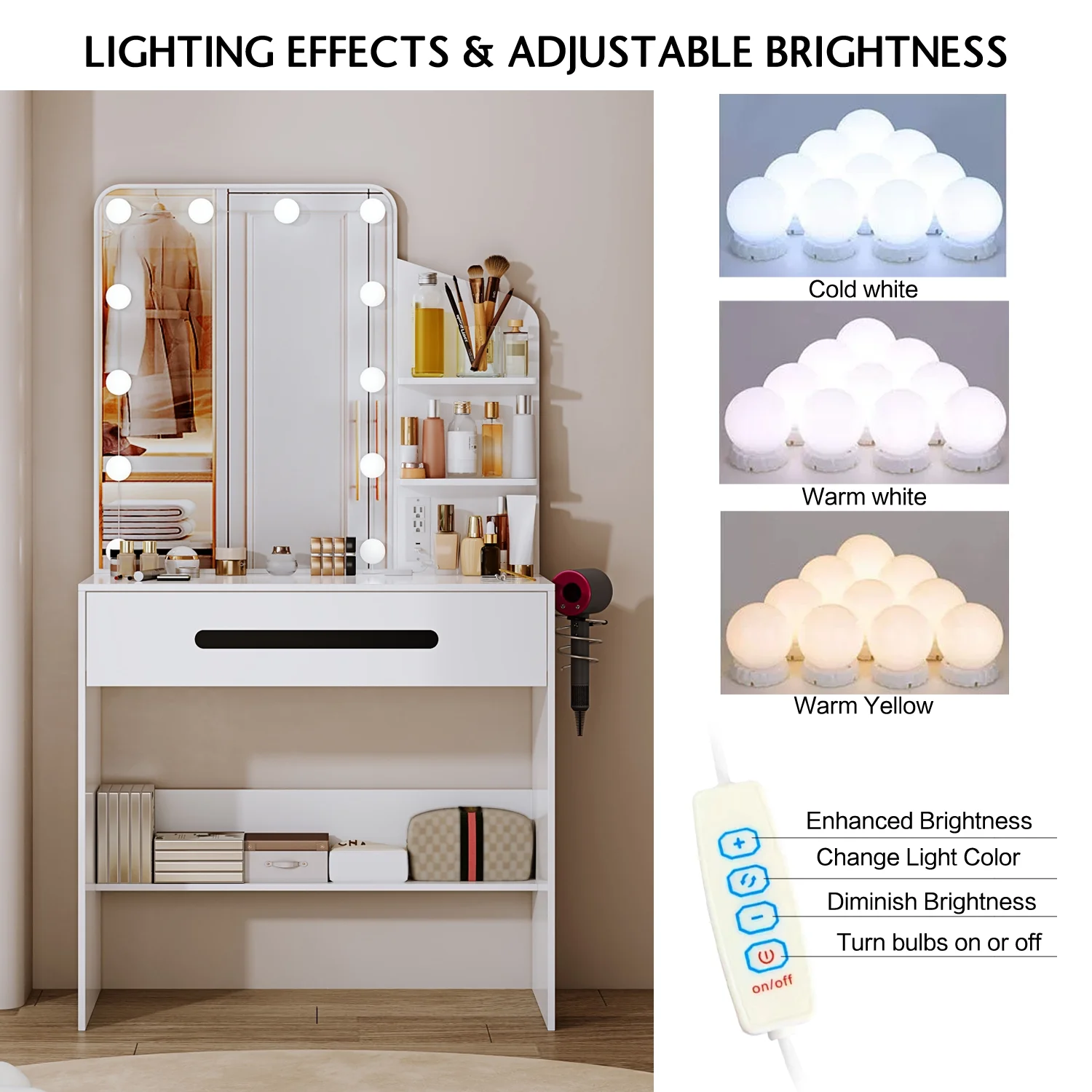 Modern Vanity Desk with Lighted Mirror, Desk Makeup Dressing Table with Power Strip, 12 LED Lights, 1 Large Drawers, Writing Desk with 3-Sectio Storage Shelves for Bedroom