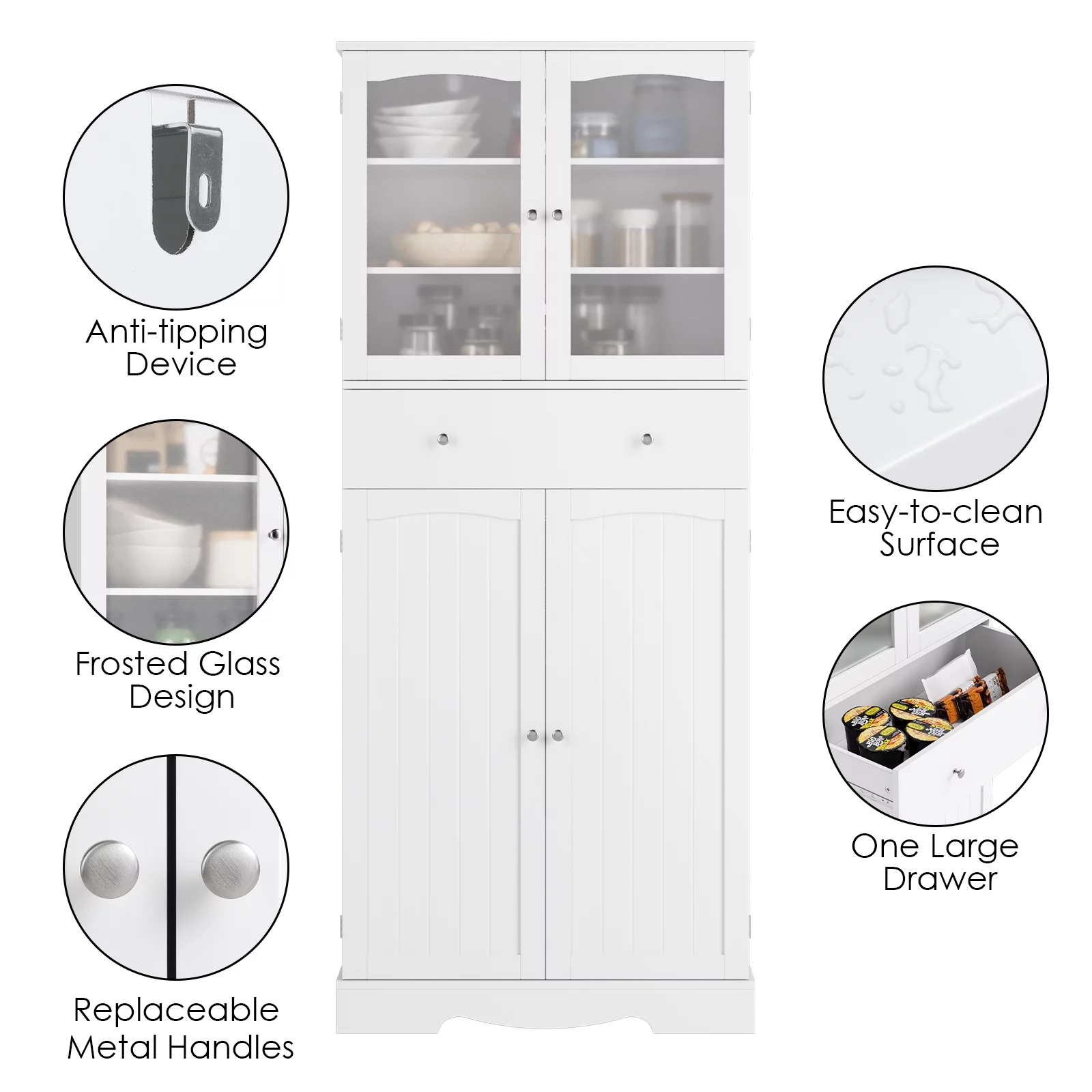 Homfa 70.8'' Kitchen Pantry with 4 Doors, Freestanding Storage Cabinet with Large Drawer for Dining Room, White