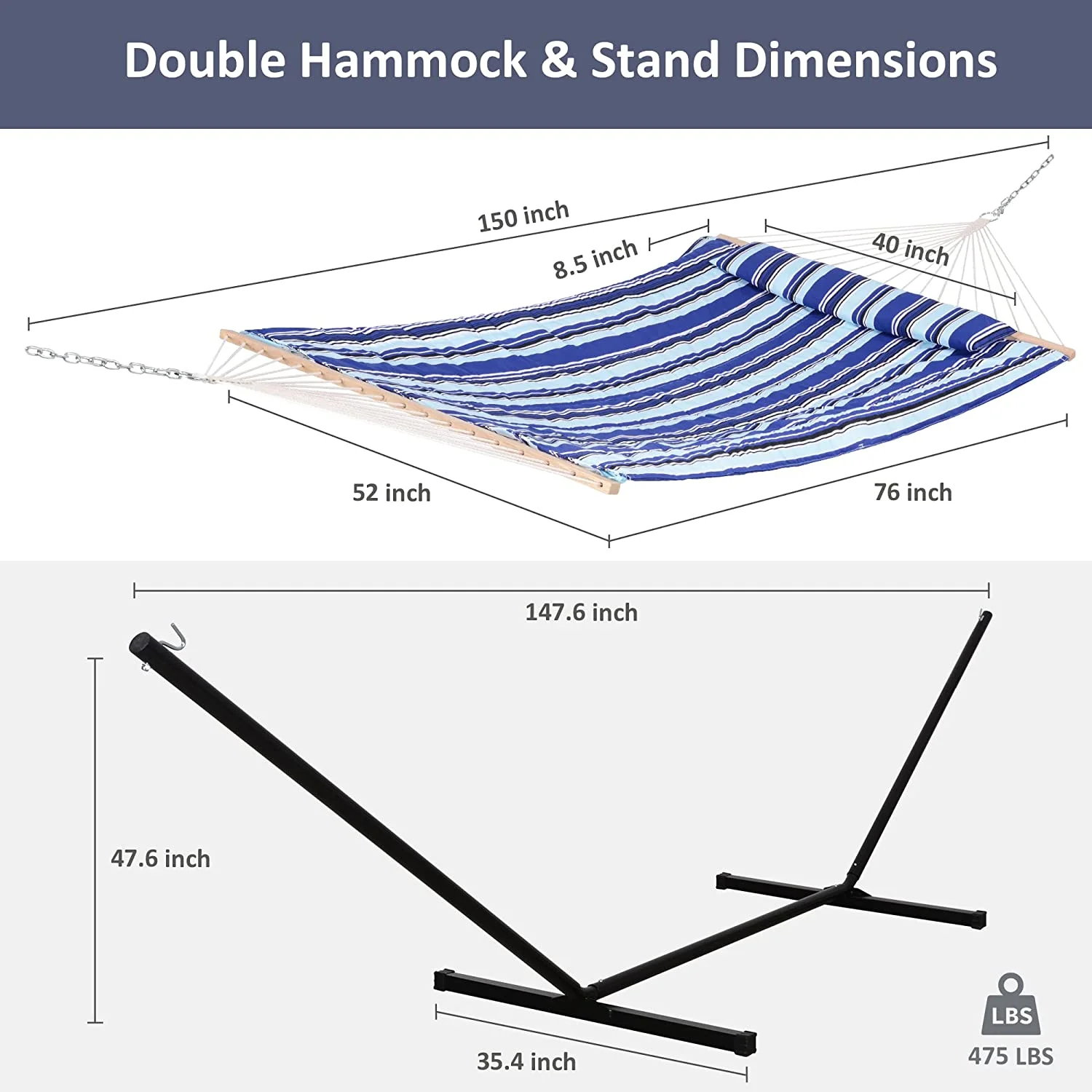 SUNCREAT Outdoor Two Person Hammock with Steel Stand Heavy Duty for Camping,  Max 475lbs Capacity, 76