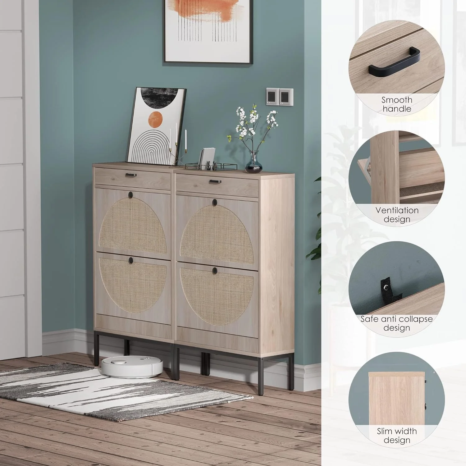 Brafab Shoe Storage Cabinet with 2 Flip Drawers and Open Shelf Natural Rattan Slim Shoe Organizer Rack Wooden Tipping Shoe Dresser Narrow Entrance Shoes Console with Metal Legs for Entryway, Hallway