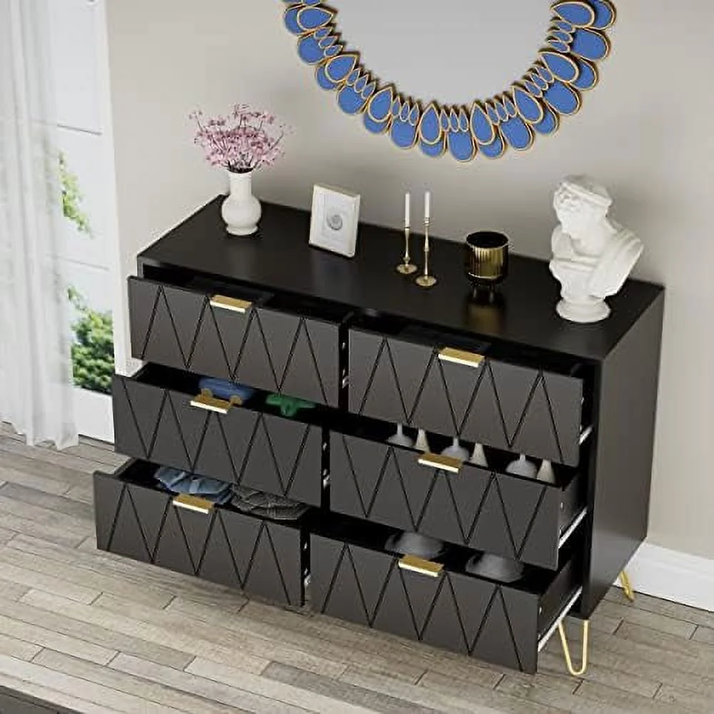 Black 6 Drawer Dresser for Bedroom  Large Double Dresser with Wide Drawers and Gold Handles   Chest of Drawers