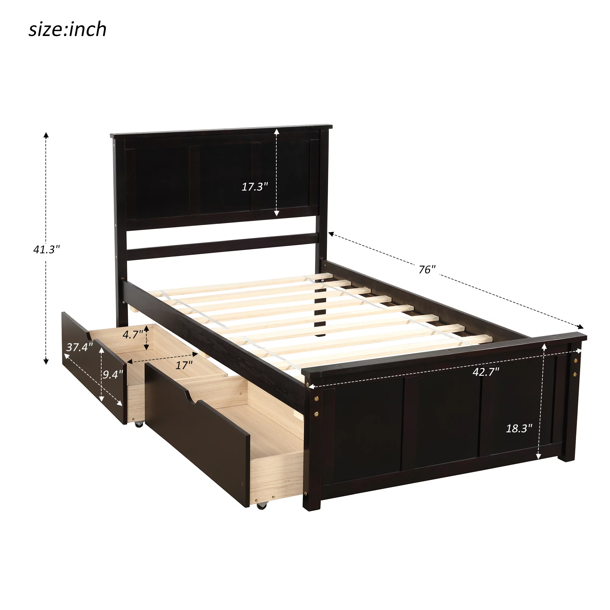 Euroco Wood Twin Platform Bed with Headboard & 2 Storage Drawers for Kids, Espresso