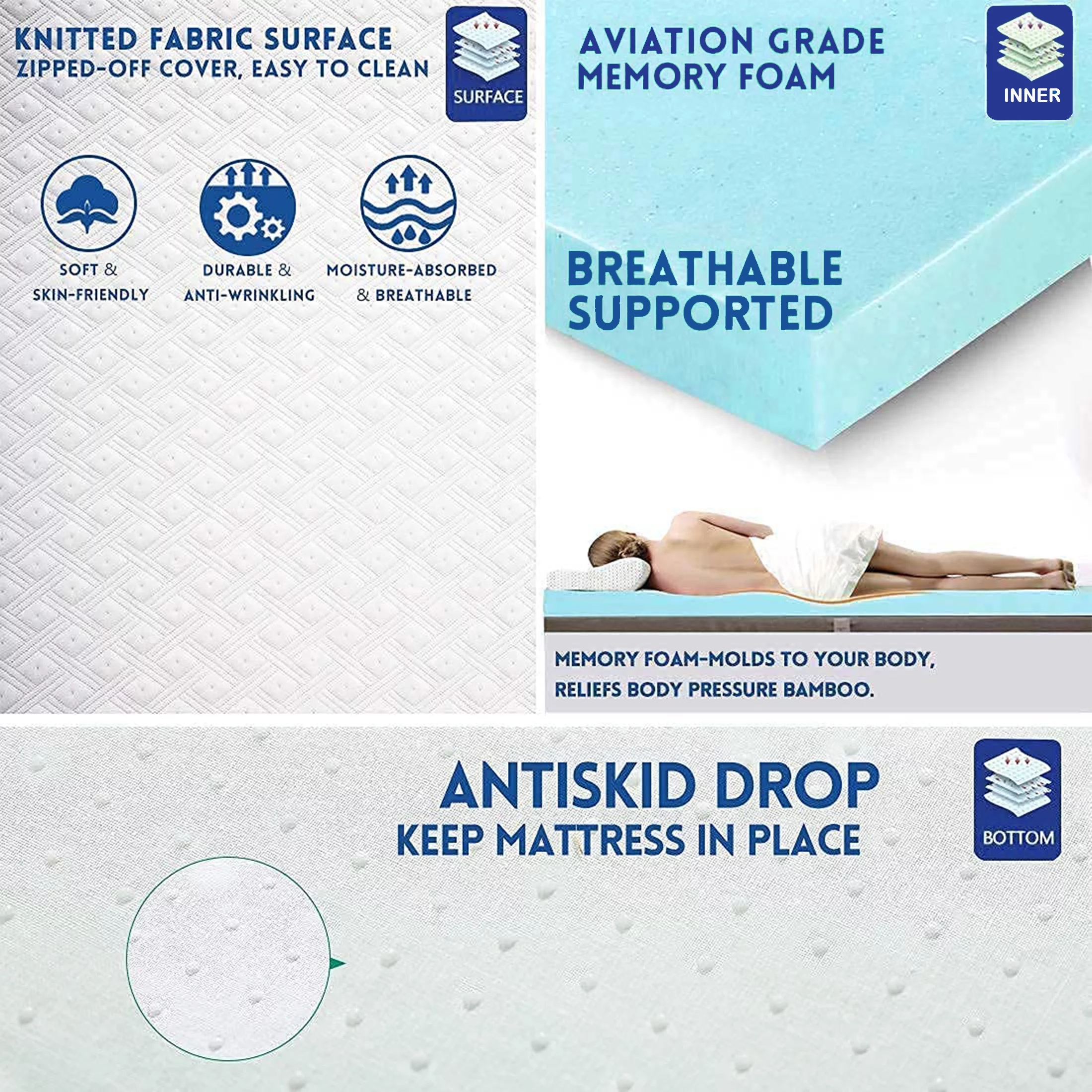 INGALIK 3 Inch Gel Memory Foam Mattress Topper Queen Size, Mattress Pad Cover for Pressure Relief, Bed Topper with Removable Rayon Made from Bamboo Cover, Soft & Breathable, White