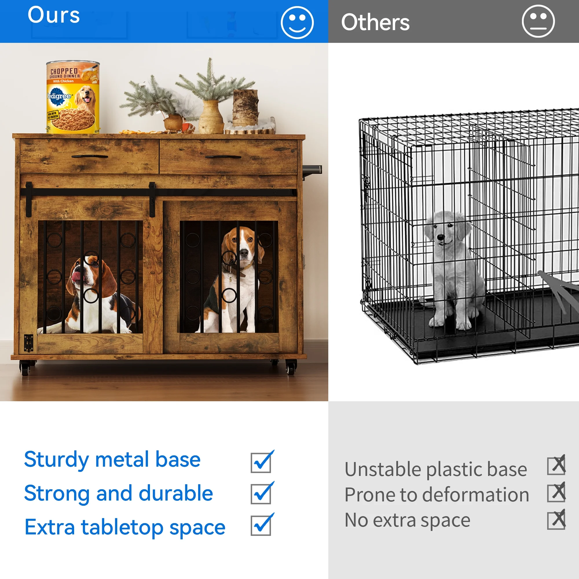 Dextrus Dog Crate Furniture, 39 inch large Wooden Indoor Dog Kennel with Divider Room and Drawers, Removable Tray End Table, Double Door Dog House for Small Medium Dog, Brown