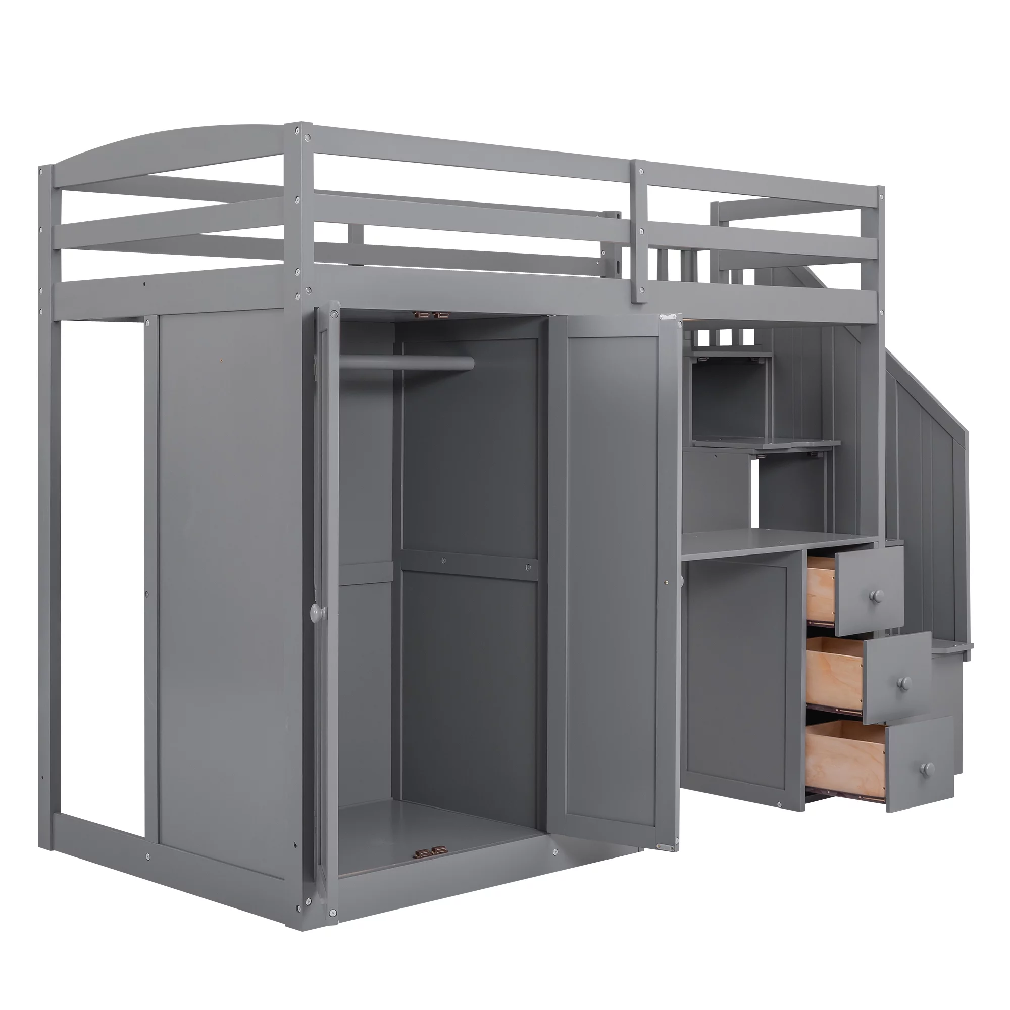 CoSoTower Twin Size Loft Bed With Wardrobe And Staircase, Desk And Storage Drawers And Cabinet In 1, Gray