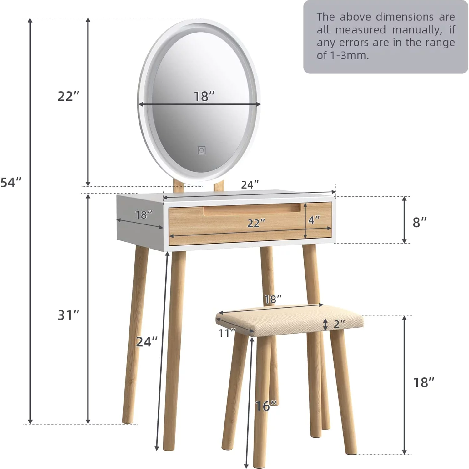 ELEWISH Makeup Vanity Table Set with 3 Modes Adjustable Lighted Mirror Cushioned Stool, Dressing Table for Small Space with Free Make-up Organizer (White+Wood)
