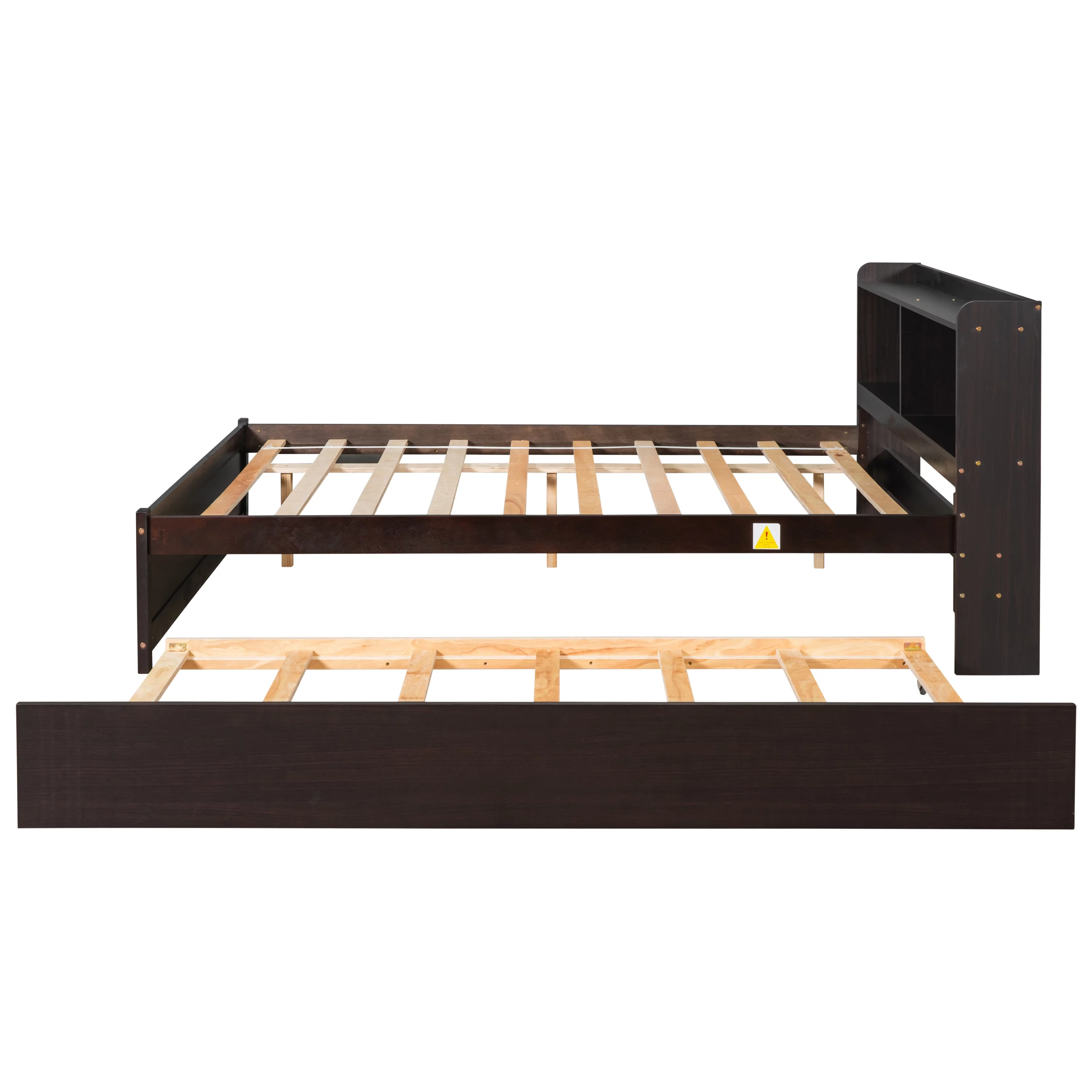 uhomepro Full Bed Frame with Bookcase Headboard and Trundle, Upgrade Pine Wood Platform Bed Frame for Kids, Modern Kids Bed Furniture for Bedroom, No Box Spring Needed, Espresso