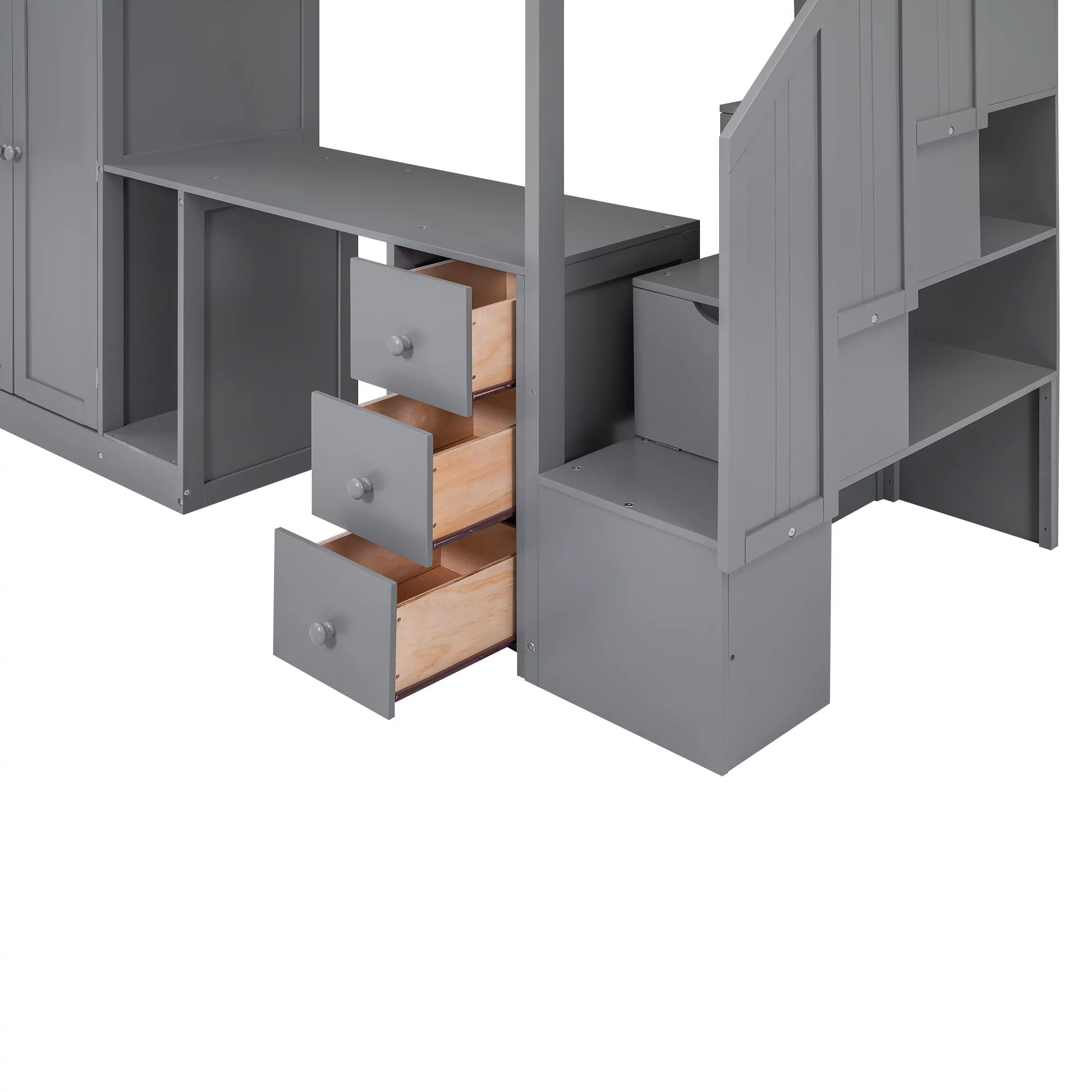 CoSoTower Twin Size Loft Bed With Wardrobe And Staircase, Desk And Storage Drawers And Cabinet In 1, Gray