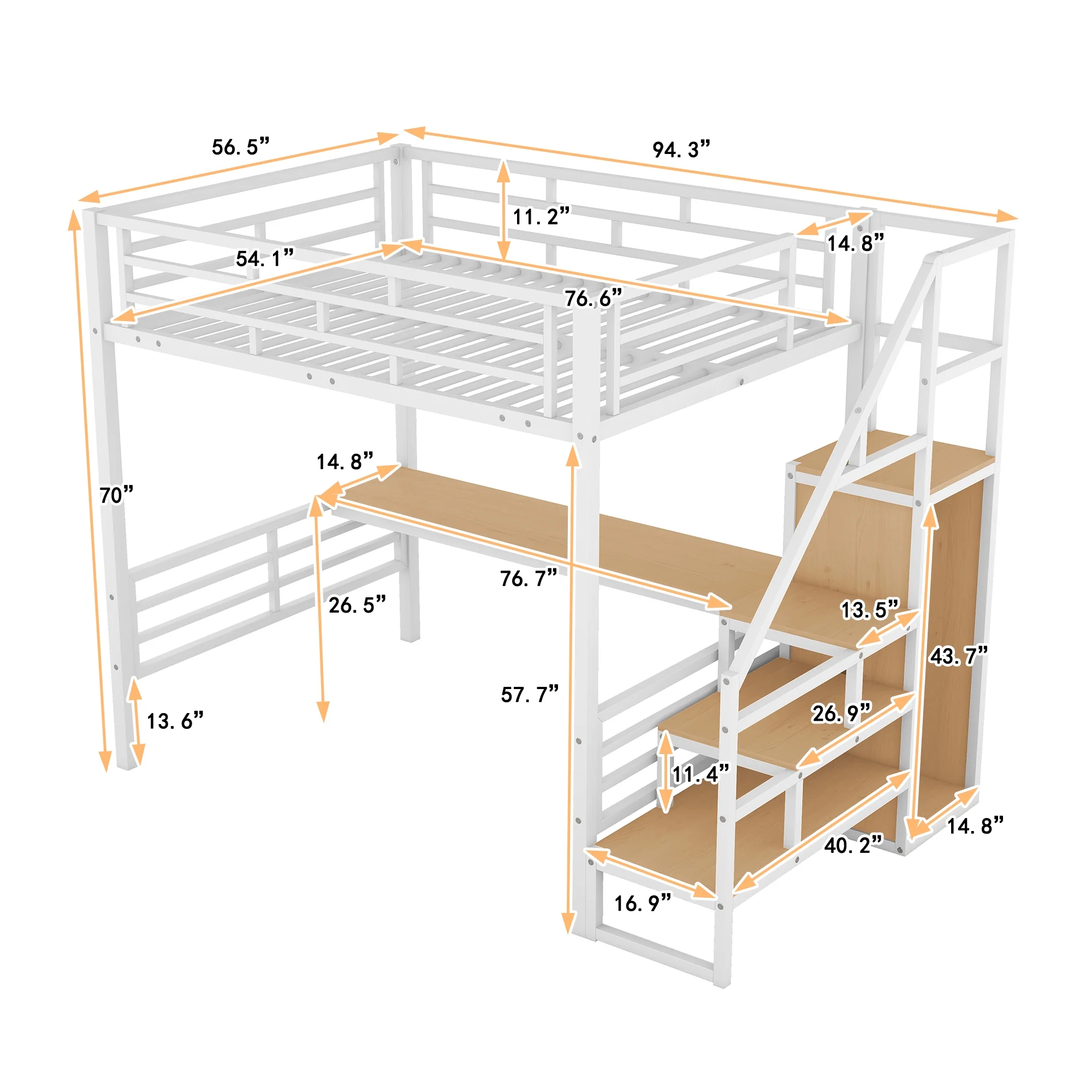 Bellemave Full Size Loft Bed with Desk, Metal Loft Beds with Stair and Built-in Wardrobe, Heavy-Duty High Loft Bed for Kids Teens Adults (White)