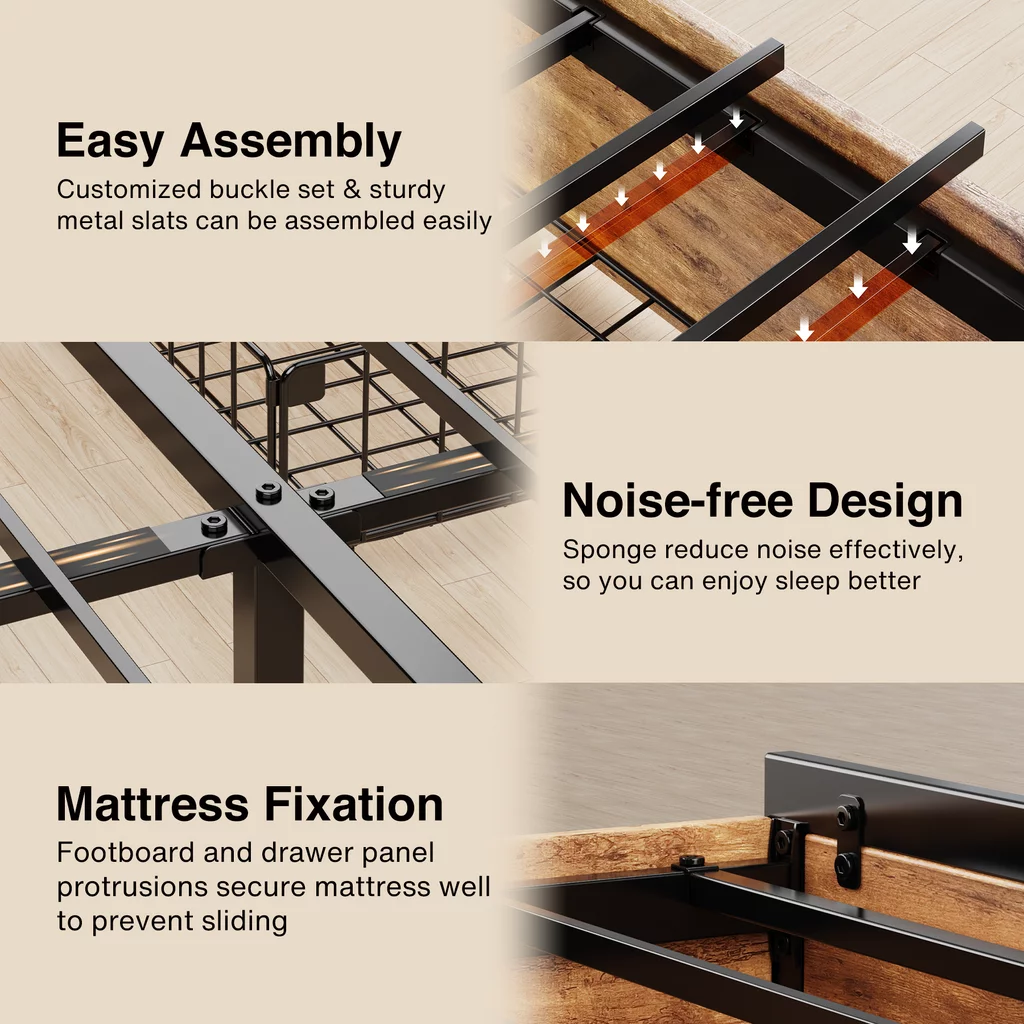 Aiho Queen Size Metal Bed Frame with Drawers and Headboard for Bedroom - Brown