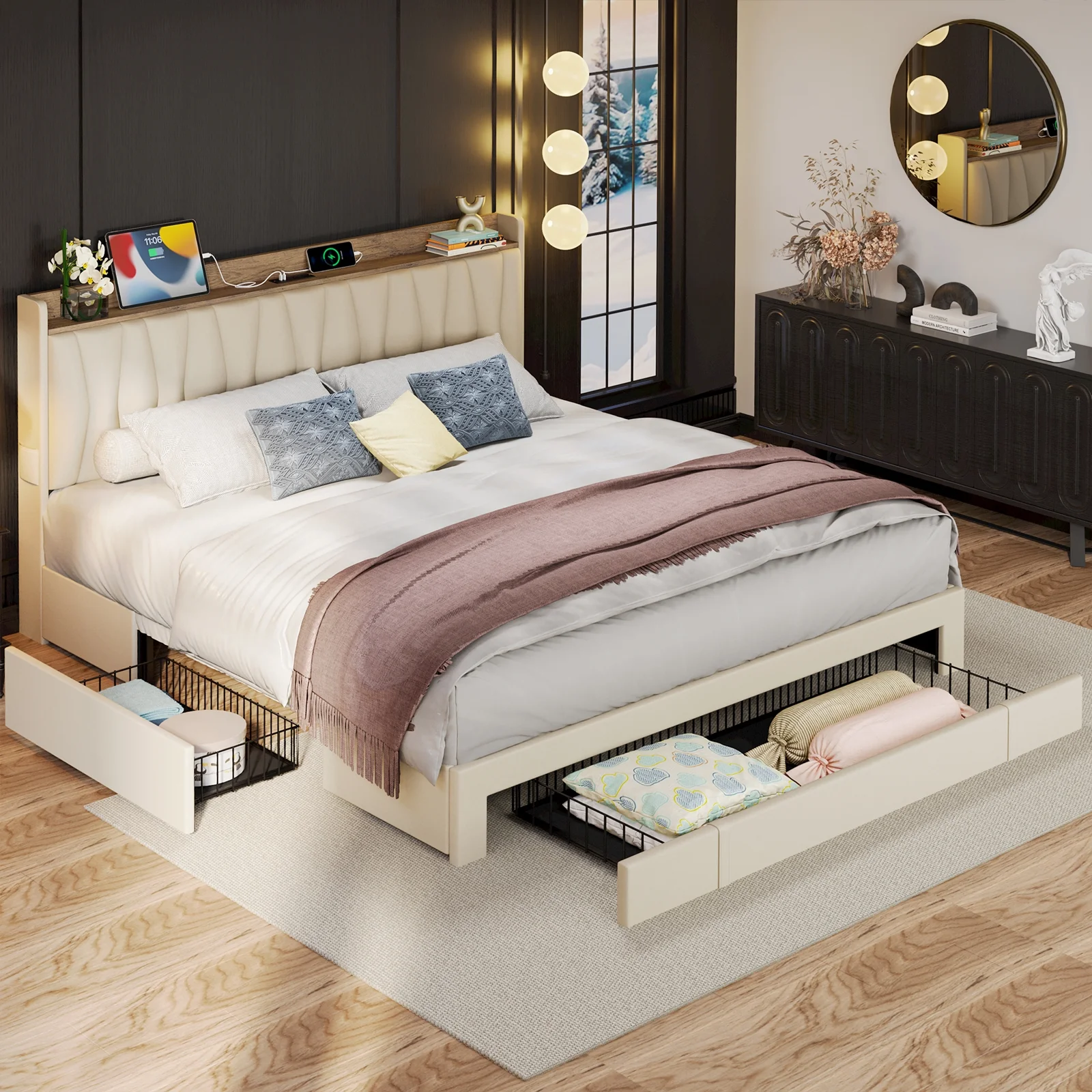 ANCTOR King Size Bed Frame with 3 Drawers, Upholstered Storage Headboard and Charging Station, No Box Spring Needed, Easy Assembly