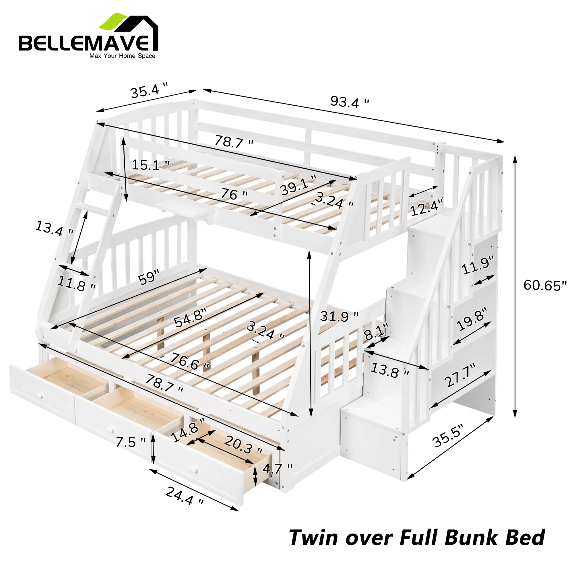 BELLEMAVE Twin over Full Bunk Bed with there drawer, bulid in ladder and storage stairs, Convertible into 2 beds, Kids bunk bed /Wood Bunk Bed for Kids, Teens(White)